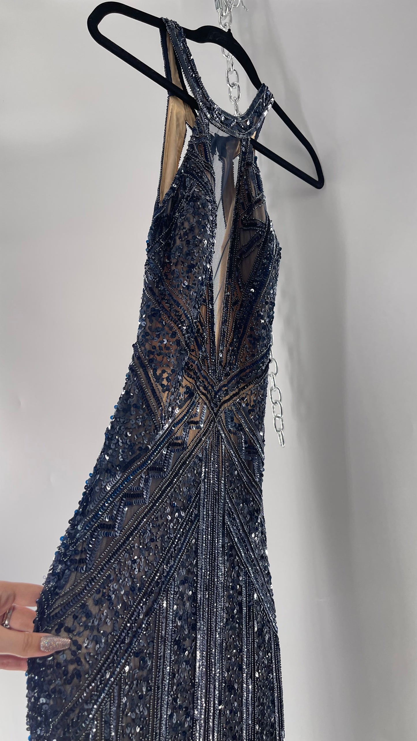 Vintage SCALA Navy Blue Beaded Floor Length Gown with Plunging Neckline, Backless Detail, and Tan Underlay (C)(4)