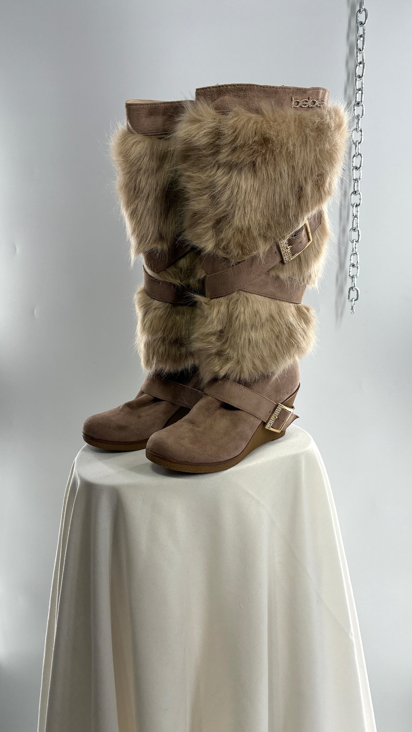 Vintage BEBE Wedge Heel Knee High Vegan Fur, Strappy Boots (6)