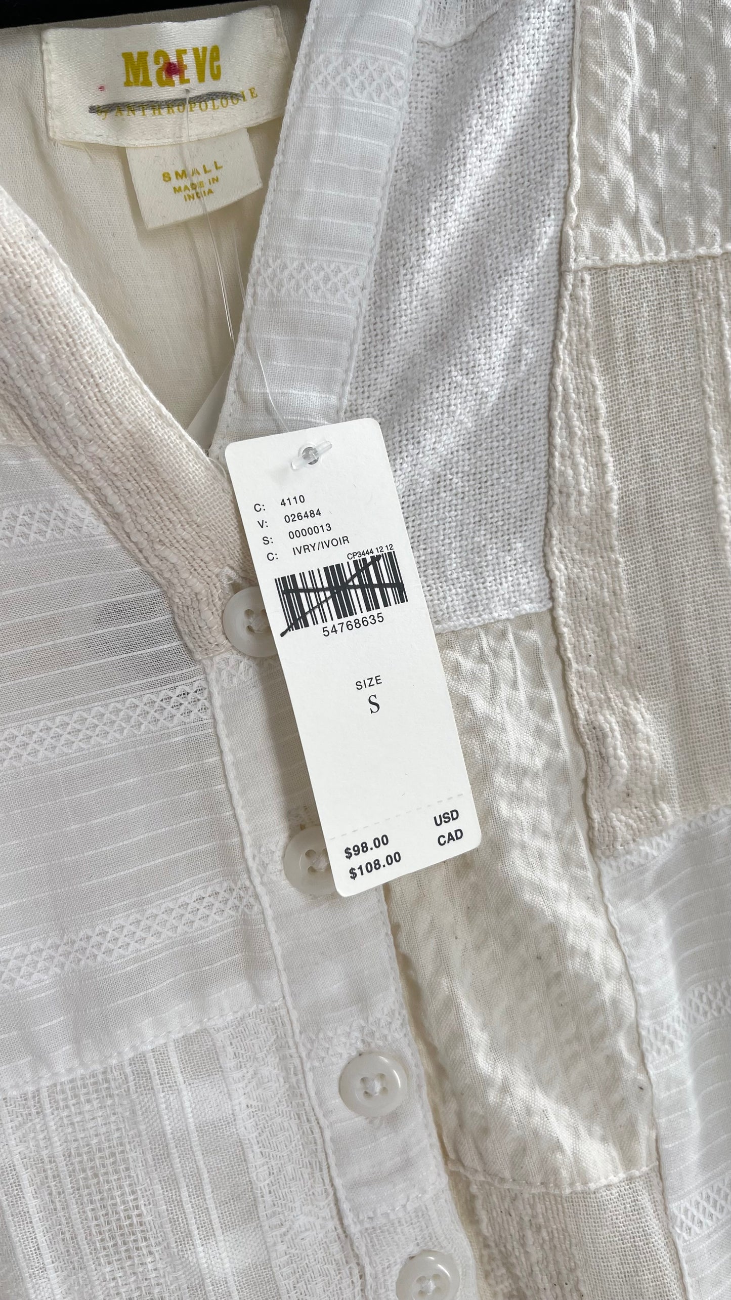 Anthropologie Patchwork Off White Voluminous Blouse with Tags Attached (Small)