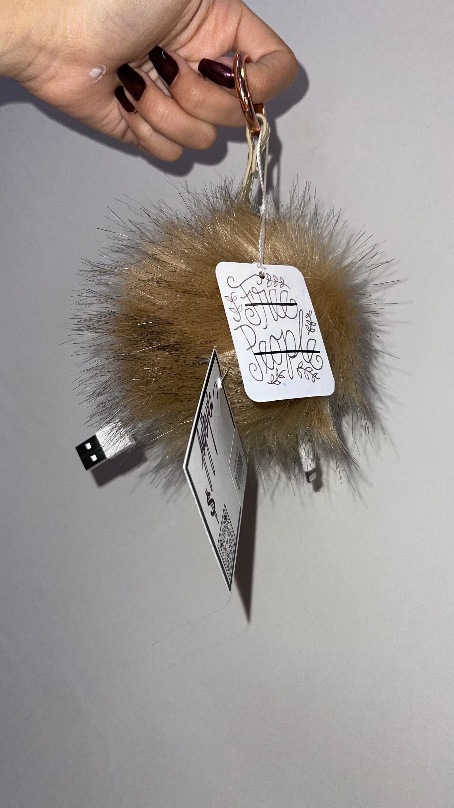 Free People Tan Fur Pom Pom Keychain with Charging Port