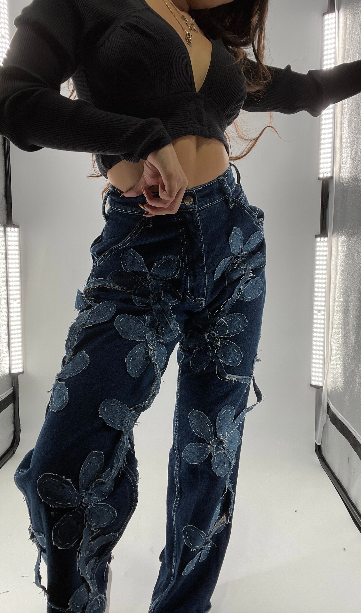 Handmade CUSTOM Dual Denim Tone Floral Vine Cargo Denims (S)