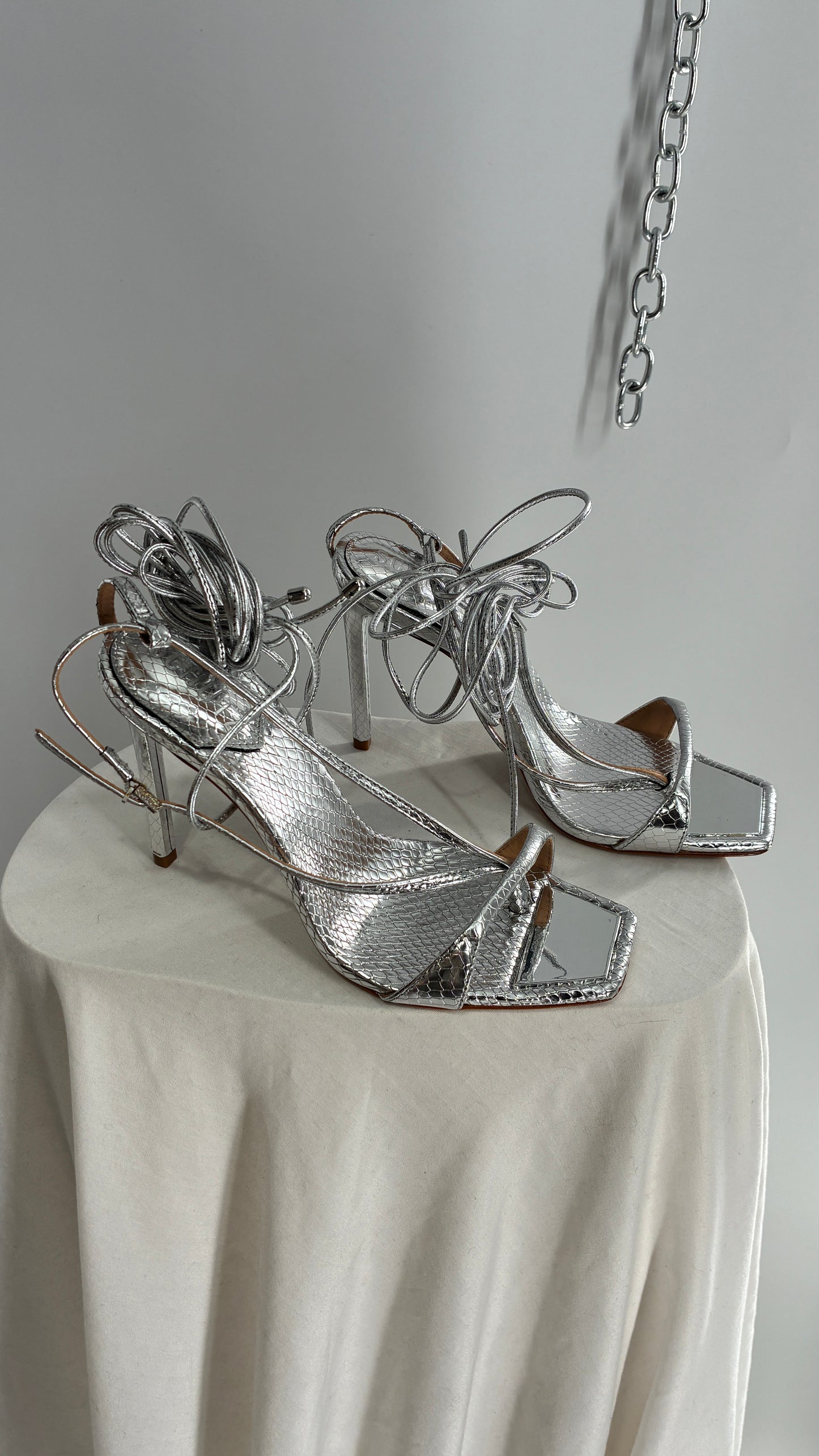 SCHÜTZ Silver Angular Tie Up Heels with Mirror Toe Detail (7)