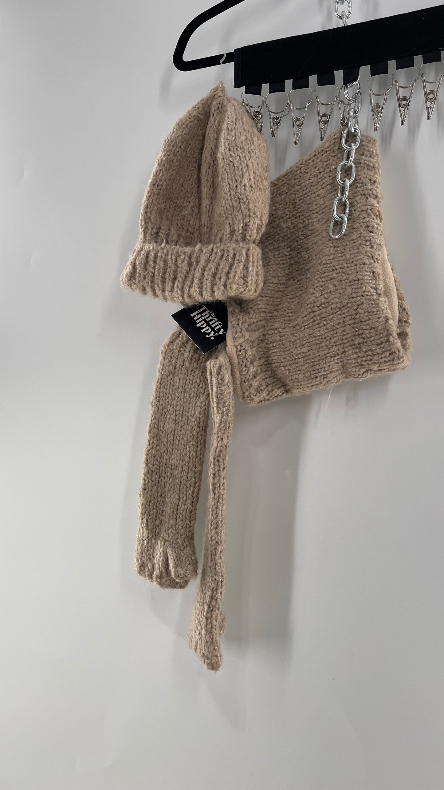 Free People Beige/Tan Knit Gloves, Hat and Scarf Set