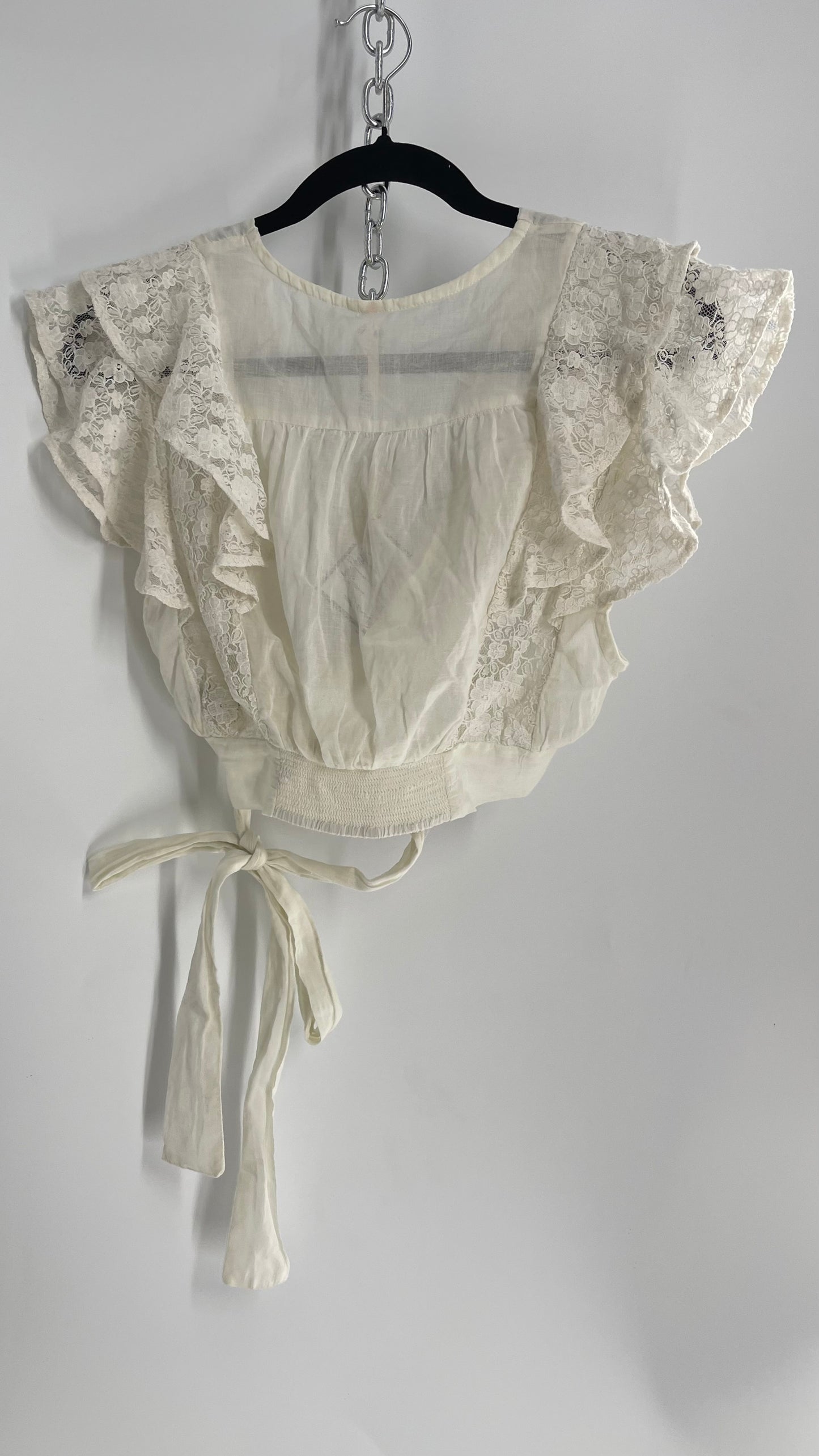 Free People Off White Cotton Tie Around Top with Lace Sleeve Detail and Tags Attached (Small)