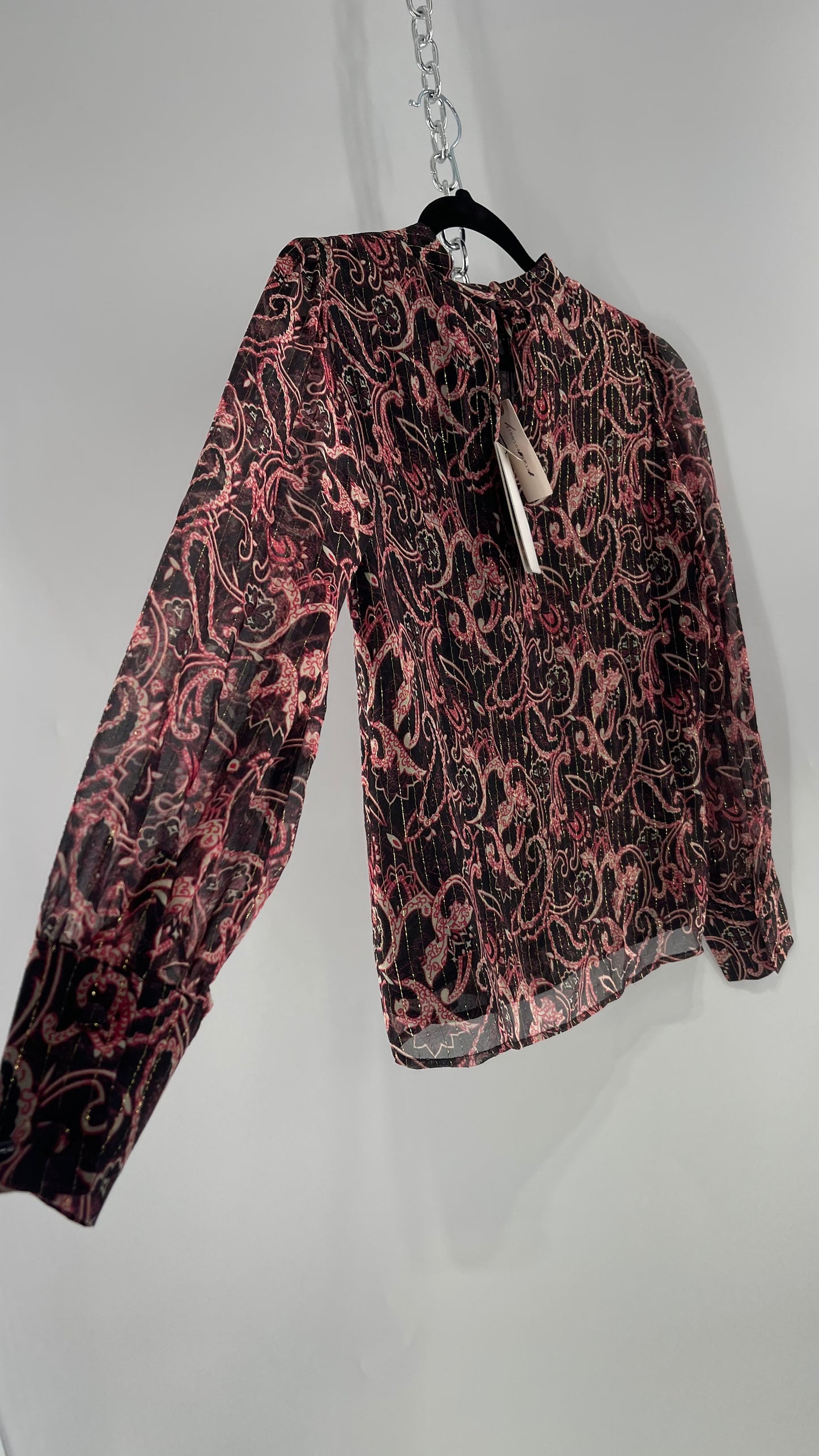 Kachel 95% Silk Black Paisley Blouse with Gold Tinsel Bessie Anthropologie (6)