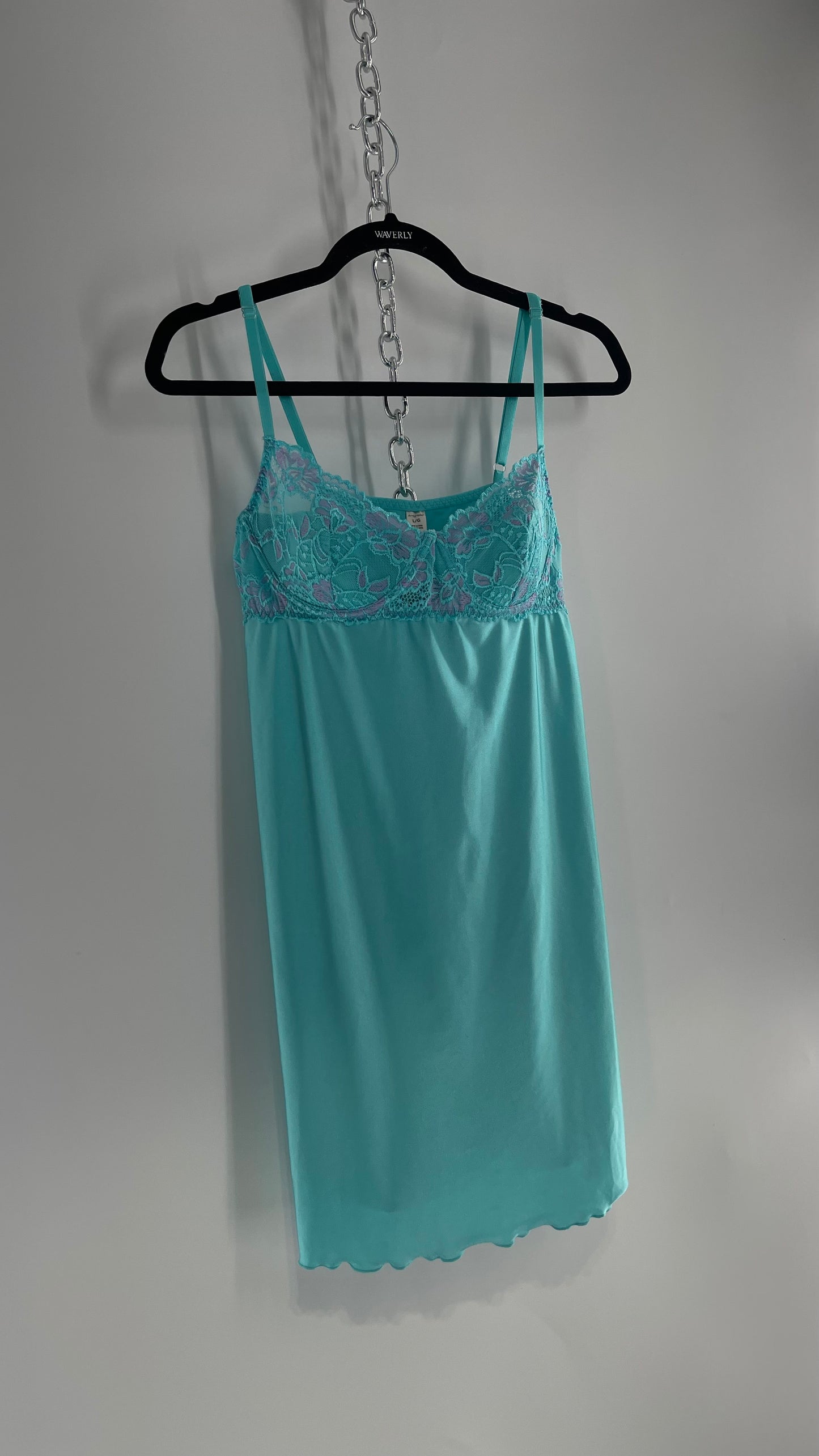 Vintage Baby Blue Balconette Mini Dress with Lace Cups and Purple Details (Large)