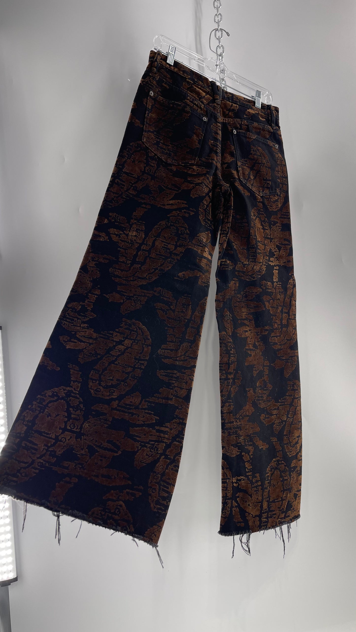 Free People Black/Brown Velvet Texture Graphic Straight Legs with Raw Edge Hem and Tags Attached (28)