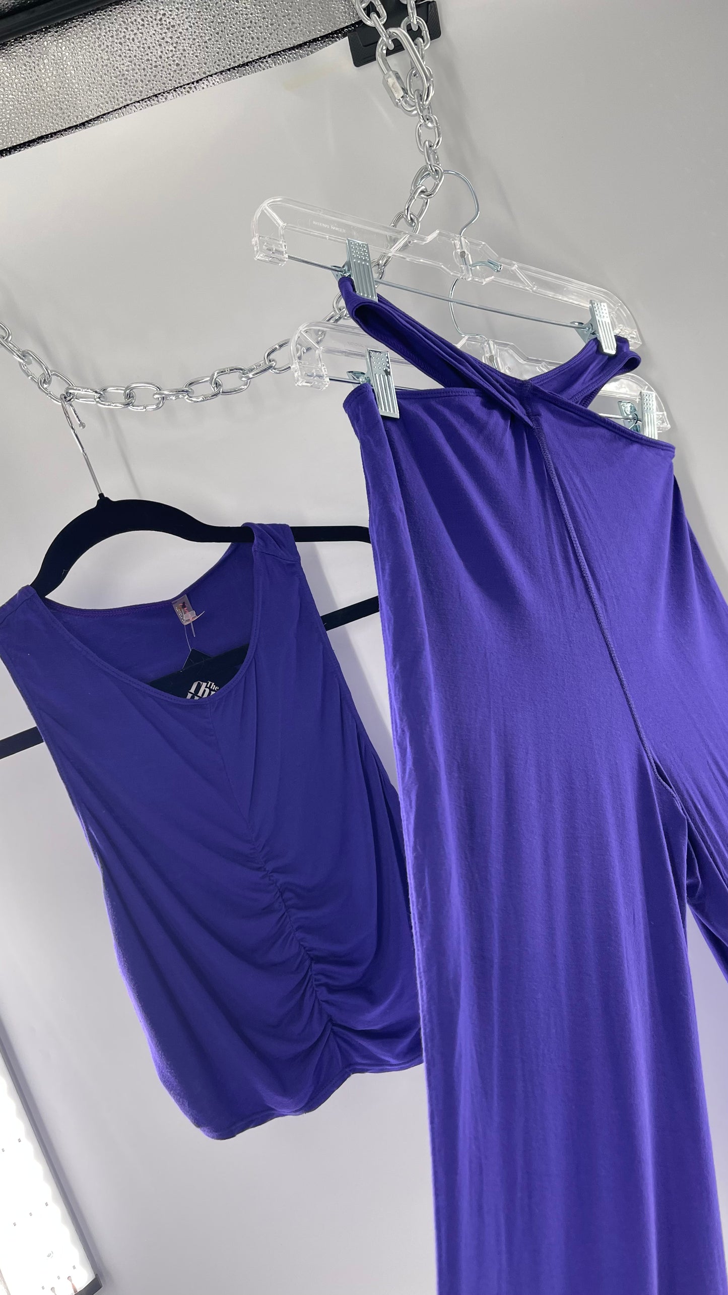 Free People 2 Piece Cobalt Purple Ruched Tank+ Cut Out Hip Strap Detail Flared Bottoms Set (Small)