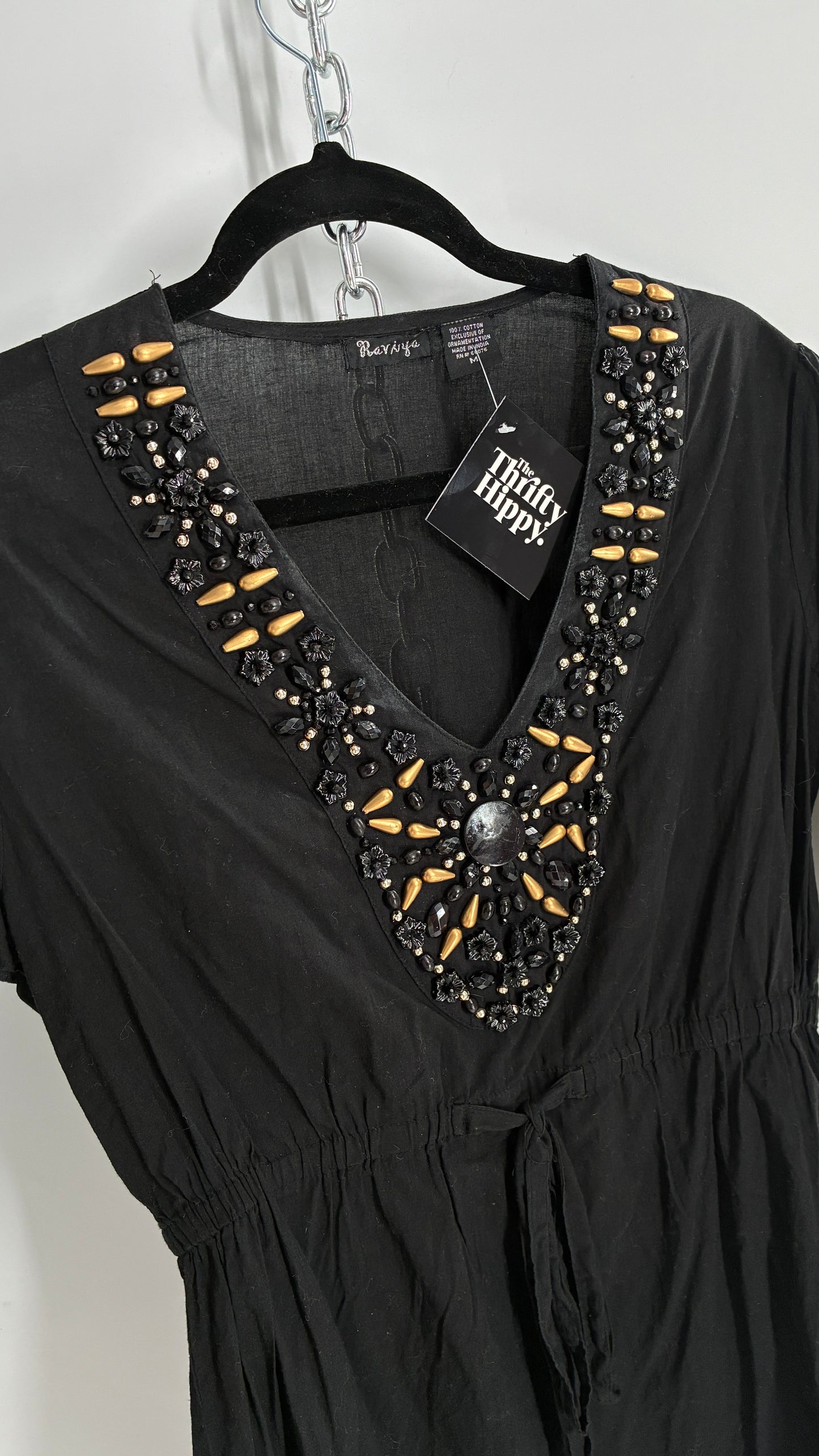 Vintage RAVIYA Black Mini Dress Blouse with Beaded Neckline (Medium)