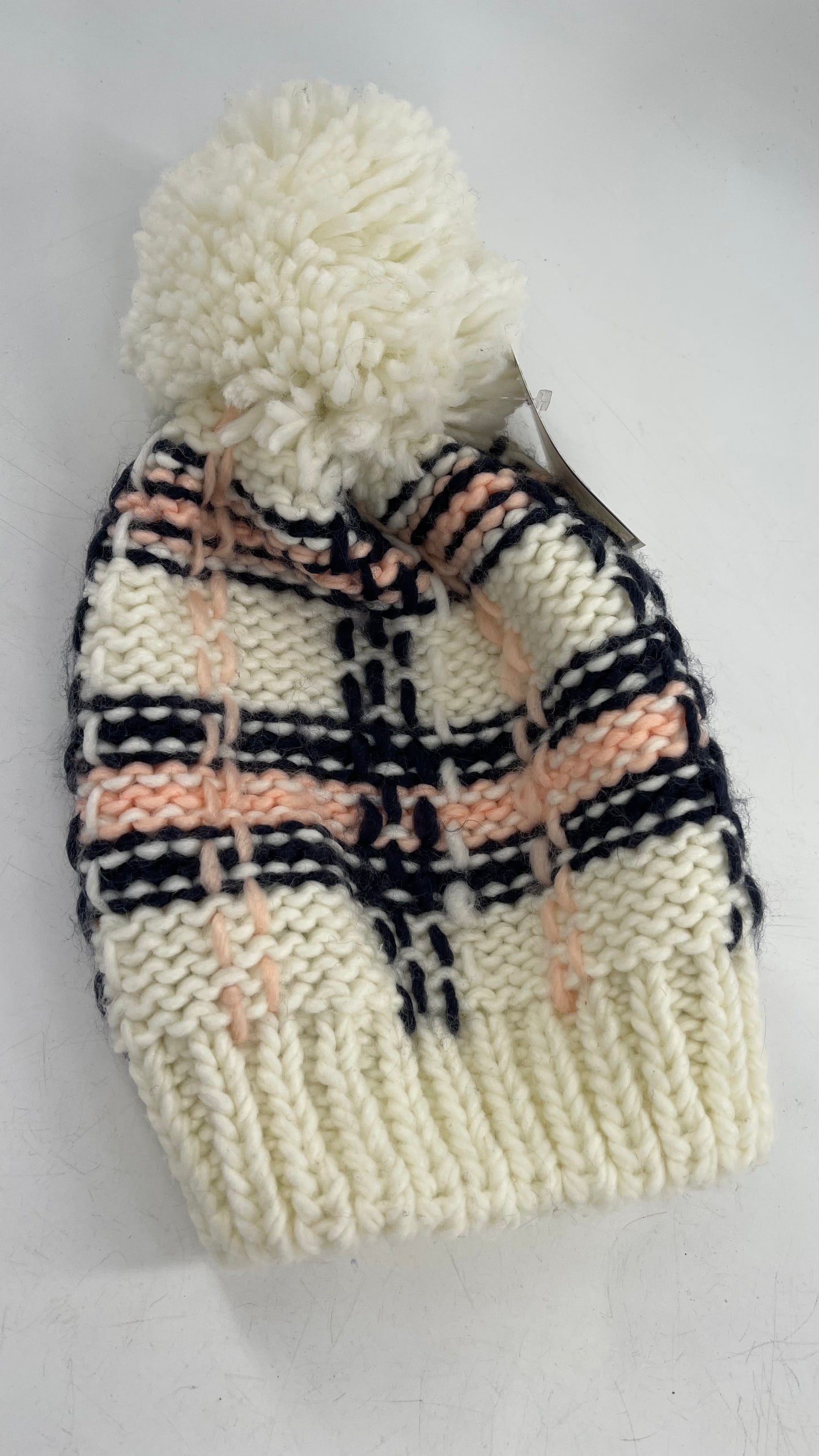 Pink Navy Plaid Patterned White Knit Beanie with Pom