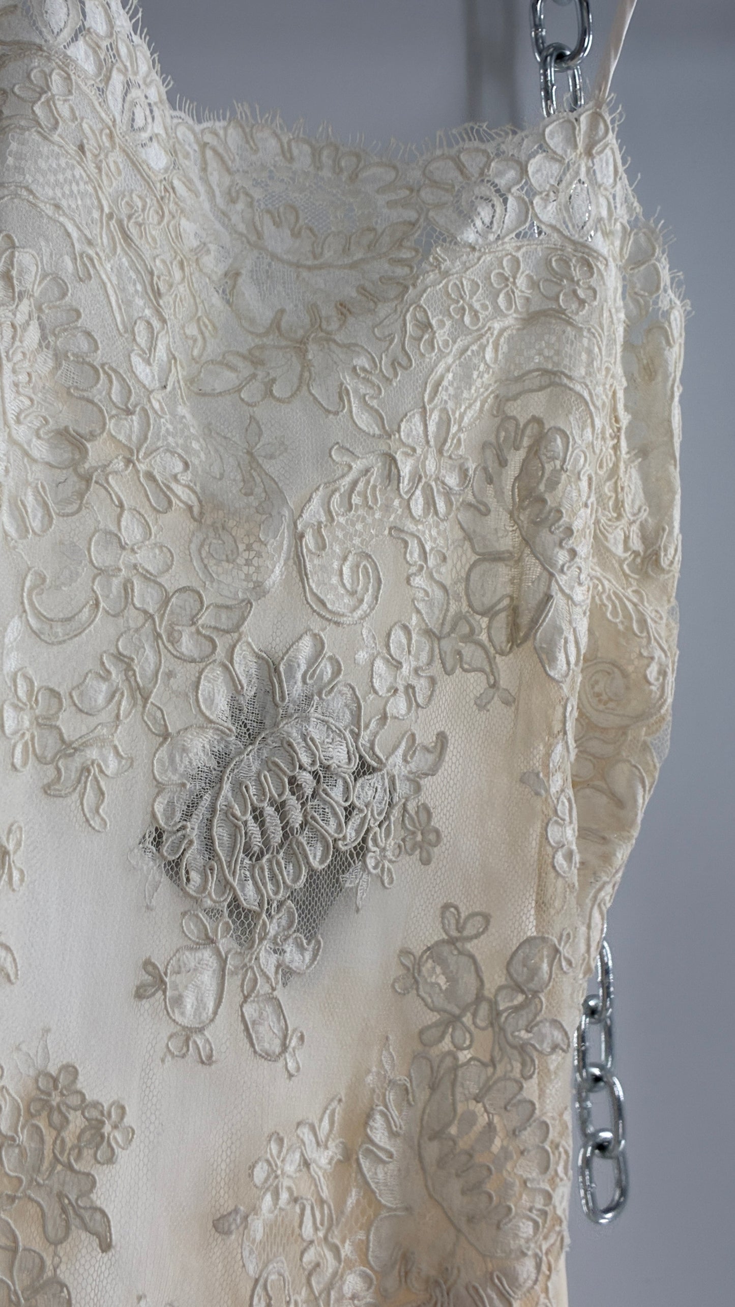 Vintage JONQUIL 100% Silk Gown with Heavy Lace Appliqués and Low Cut Sheer Back (Medium)