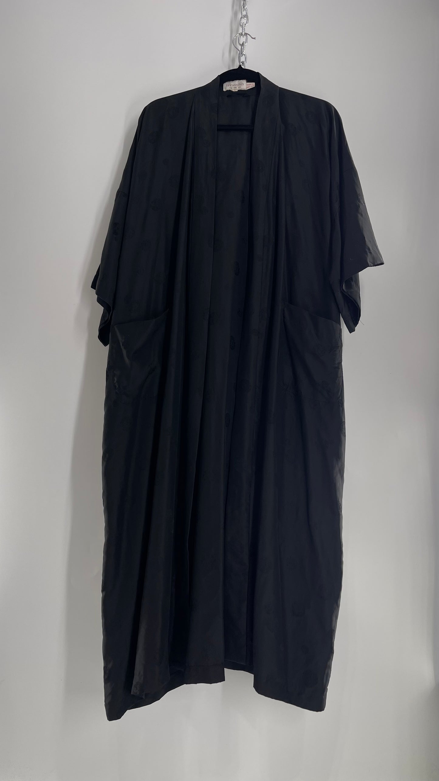 Vintage TREESHA 100% Pure Silk Black Long Embossed Robe (Large)