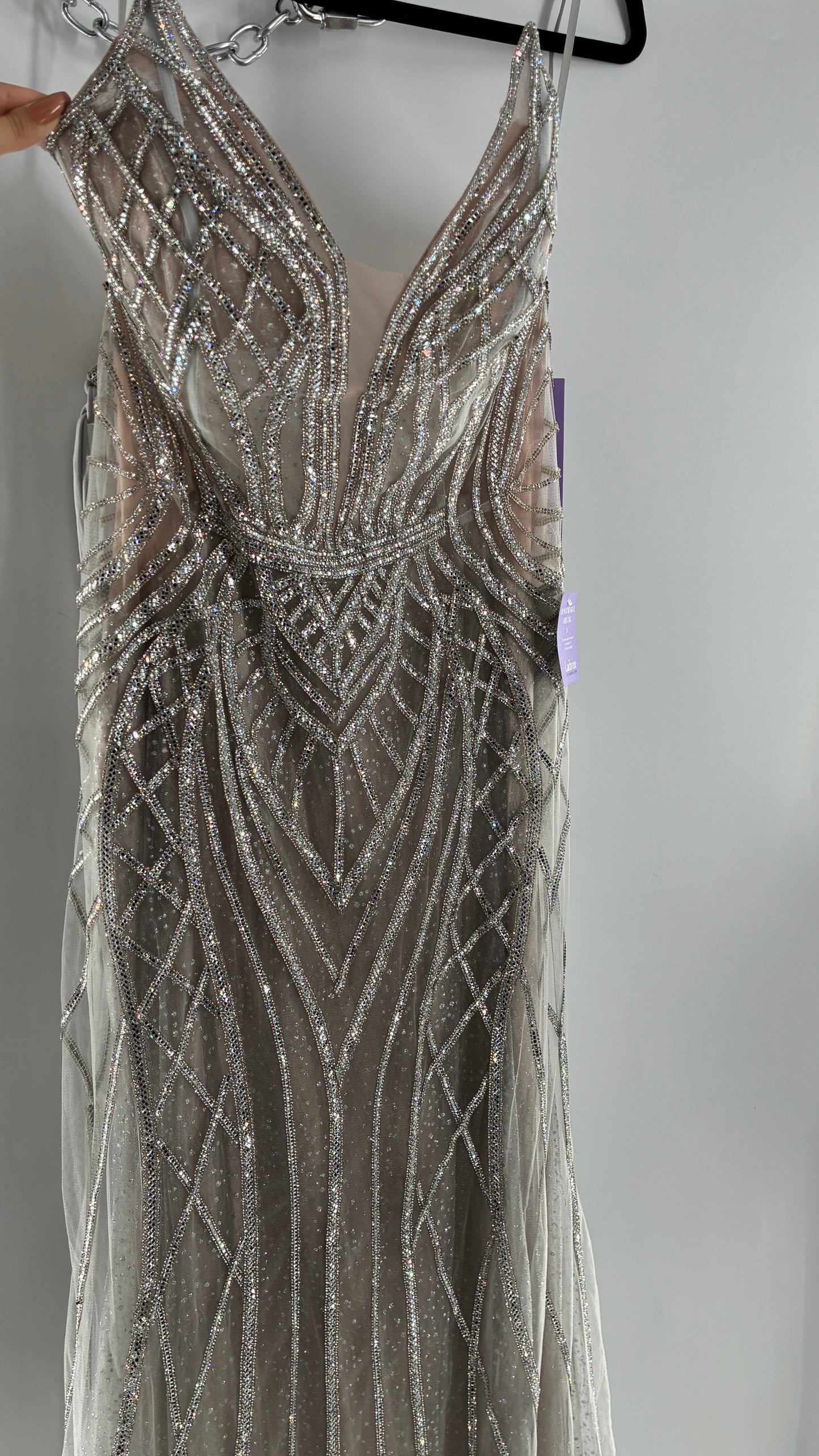 NWT LADIVINE by Cinderella Divine Silver Nude CC6018 Mermaid Corseted Gown with Multiple Layers of Tulle, Covered in Crystal Strips (16)