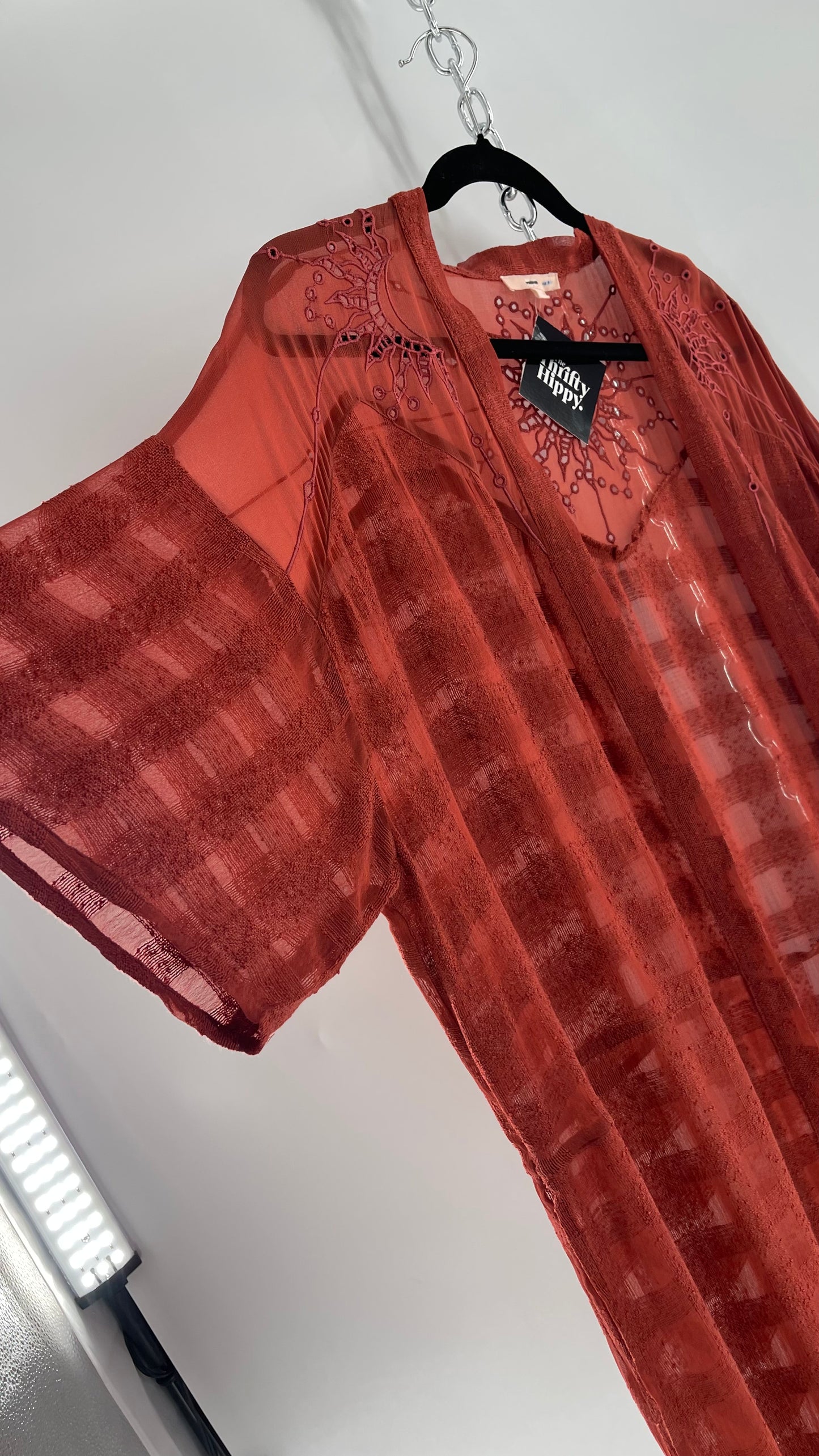 NFO Anthropologie Burnt Orange Cape With Embroidered Solstice Sun and Crescent Moon Designs (One Size)