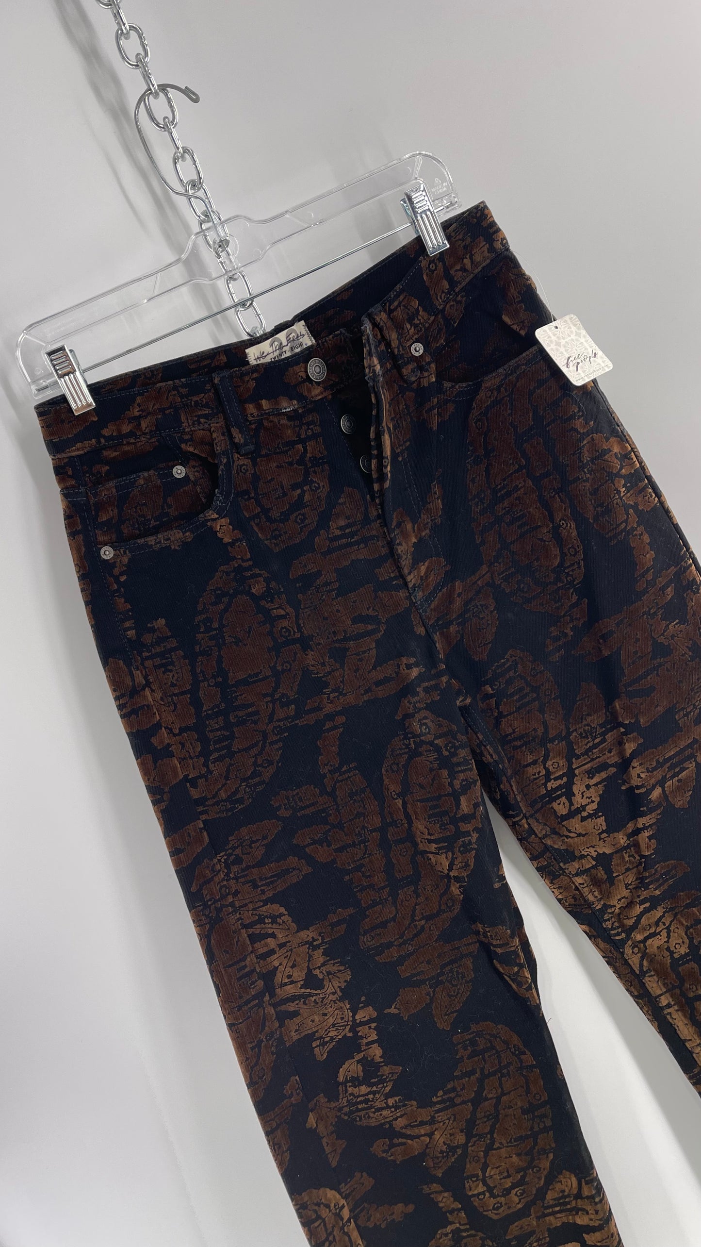 Free People Black/Brown Velvet Texture Graphic Straight Legs with Raw Edge Hem and Tags Attached (28)