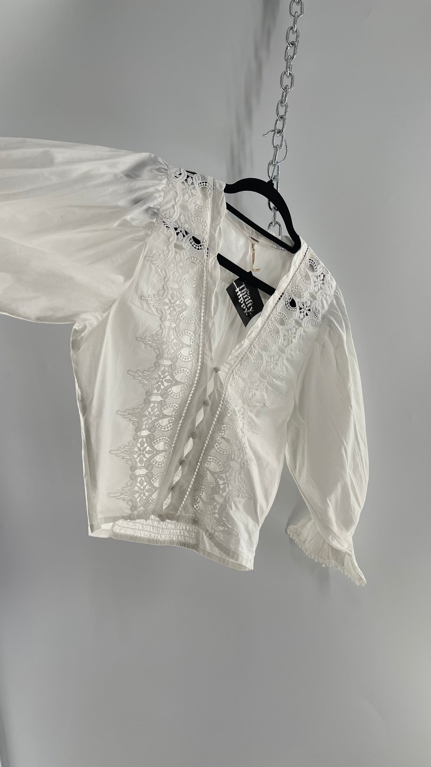Free People White Puff Sleeve Prairie Blouse with Lace Details (Small)