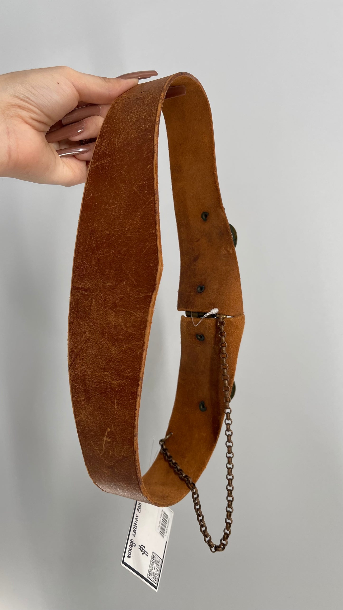 Vintage Antique Leather Waist Belt with Engraved Brass Brackets and Pin Closure (XS/S)