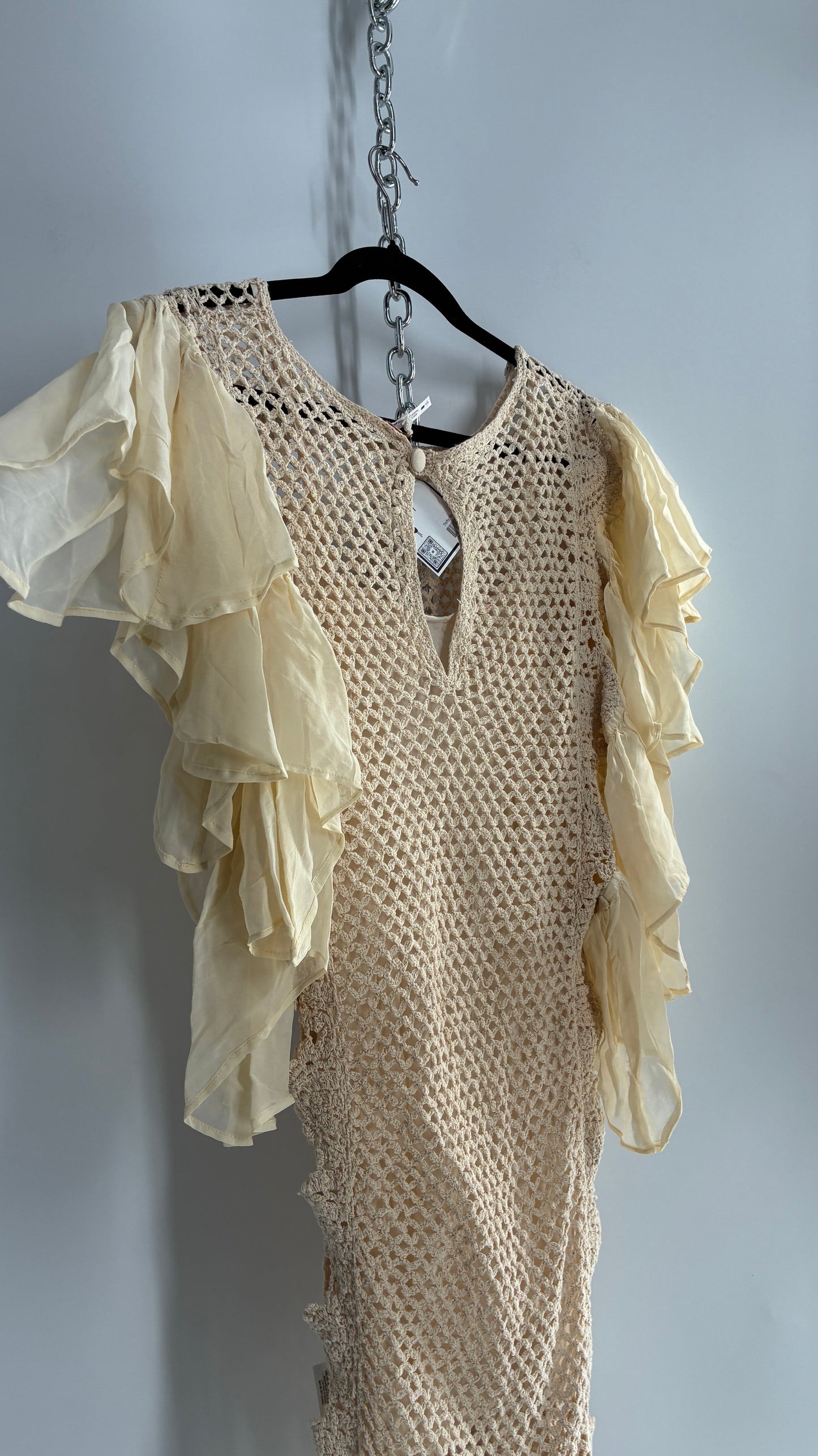Free People Crochet Scalloped Open Side Dress with Ruffled Sleeve Details (S)