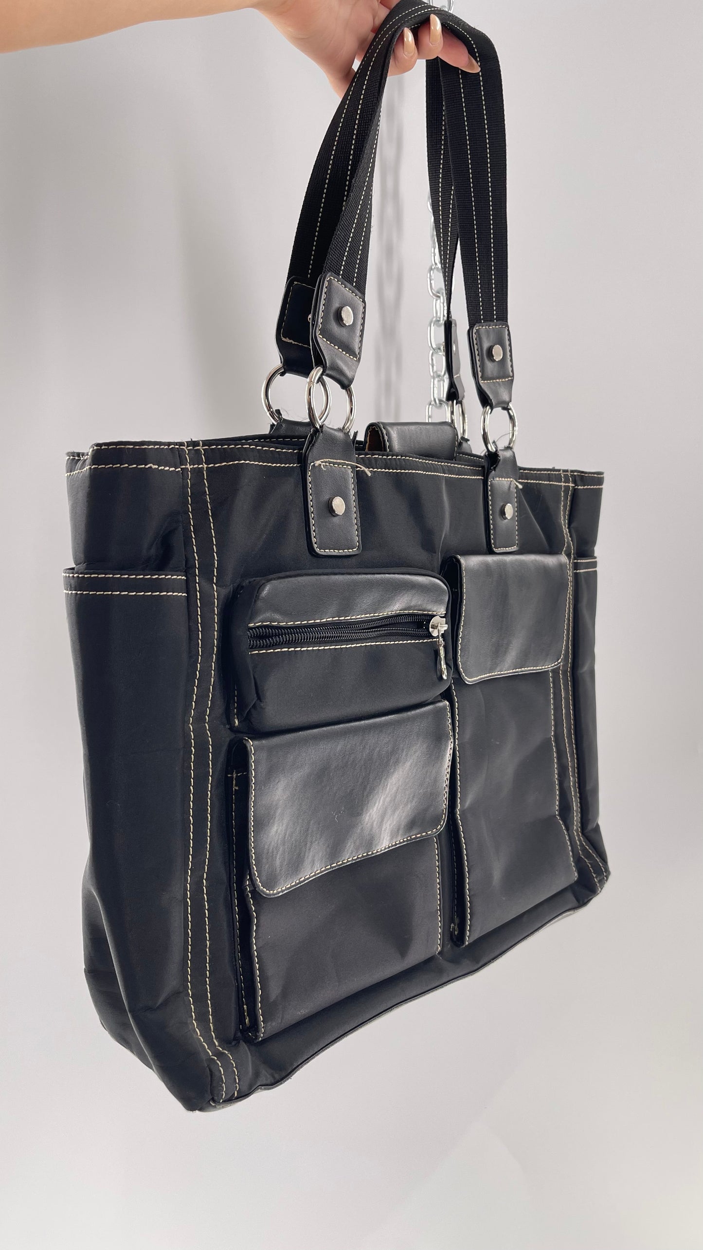 Vintage Oversized Black Exaggerated Pocket Tote Bag with Contrast Stitching
