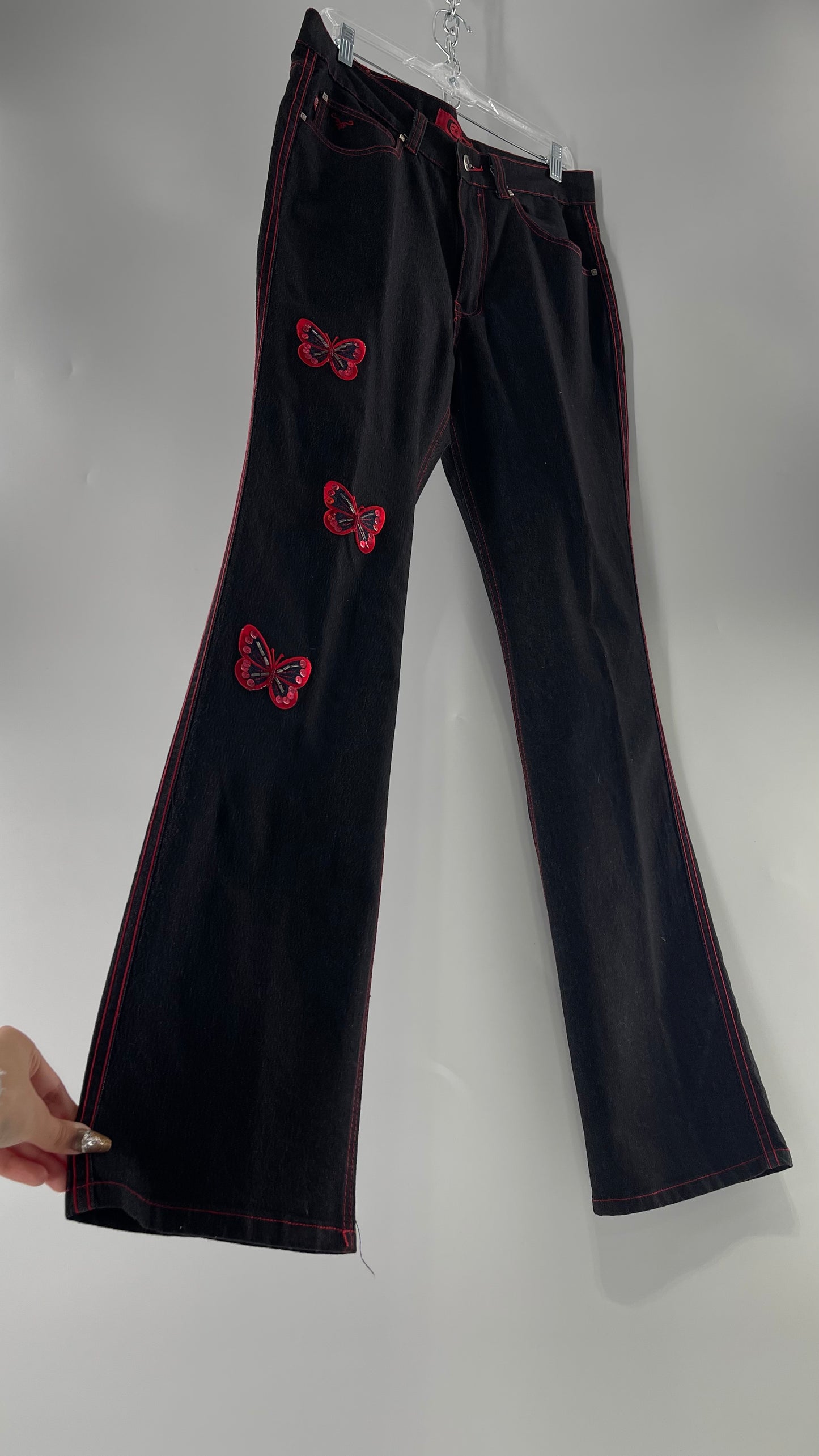 Rare Vintage Black Crest Jeans with Red Contrast Stitching and Butterfly Embroidery on Thigh and Back Pockets (14)