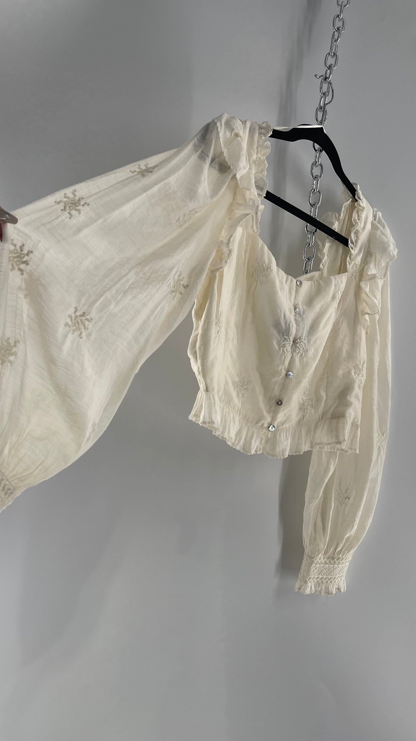 Free People White Cotton Bubble Sleeve Blouse with Embroidered Details (Medium)