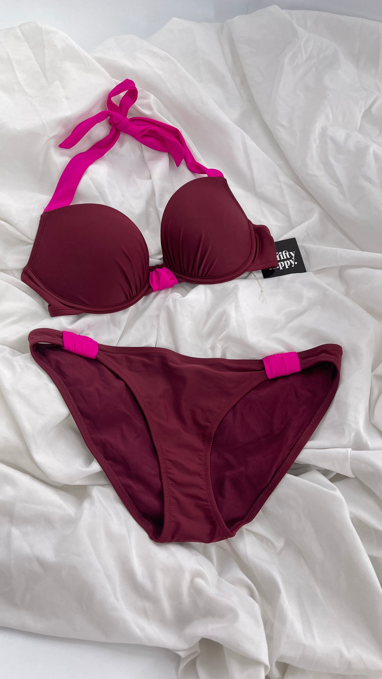 AERIE Burgundy Padded Underwire Swim Top Set with Fuchsia Details (36C/L Bottoms)