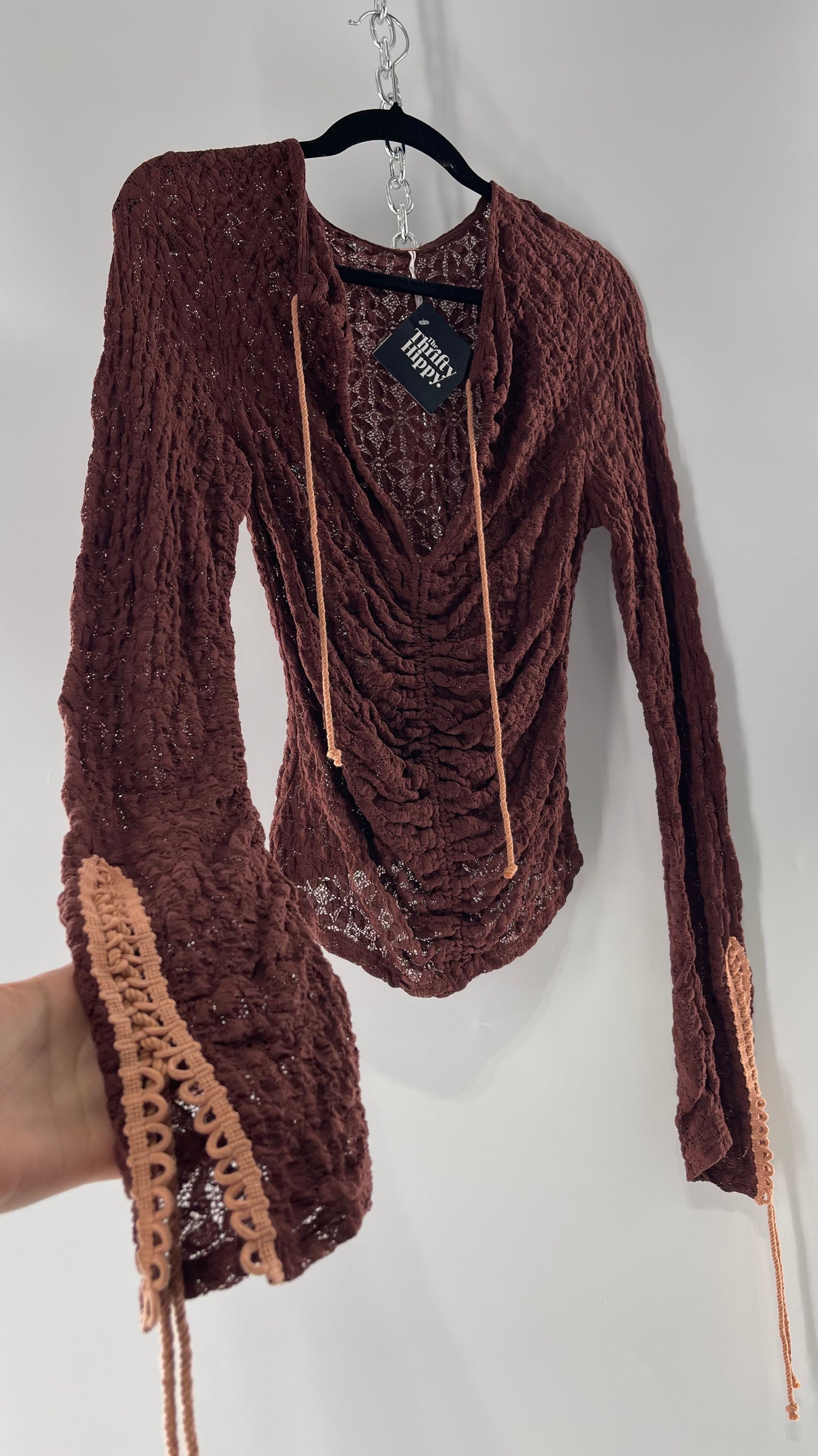 Free People Burgundy Lace Long Sleeve with Pink Lace Up Sleeve Detail (Medium)