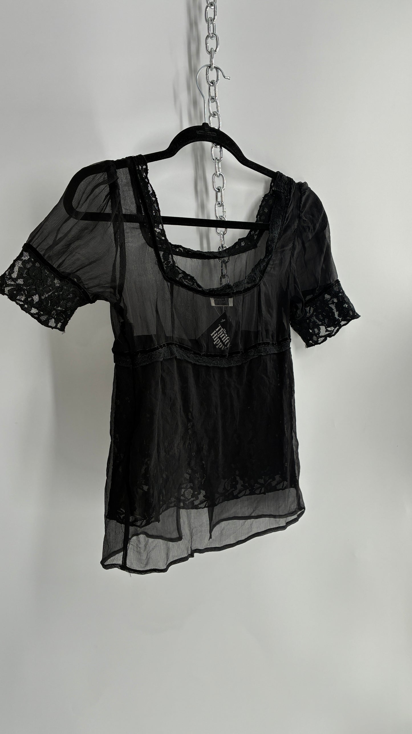 Vintage MÖTIVI Pure Silk Blouse with Lace Bodice, Vented Detail and Velour Trim (4)