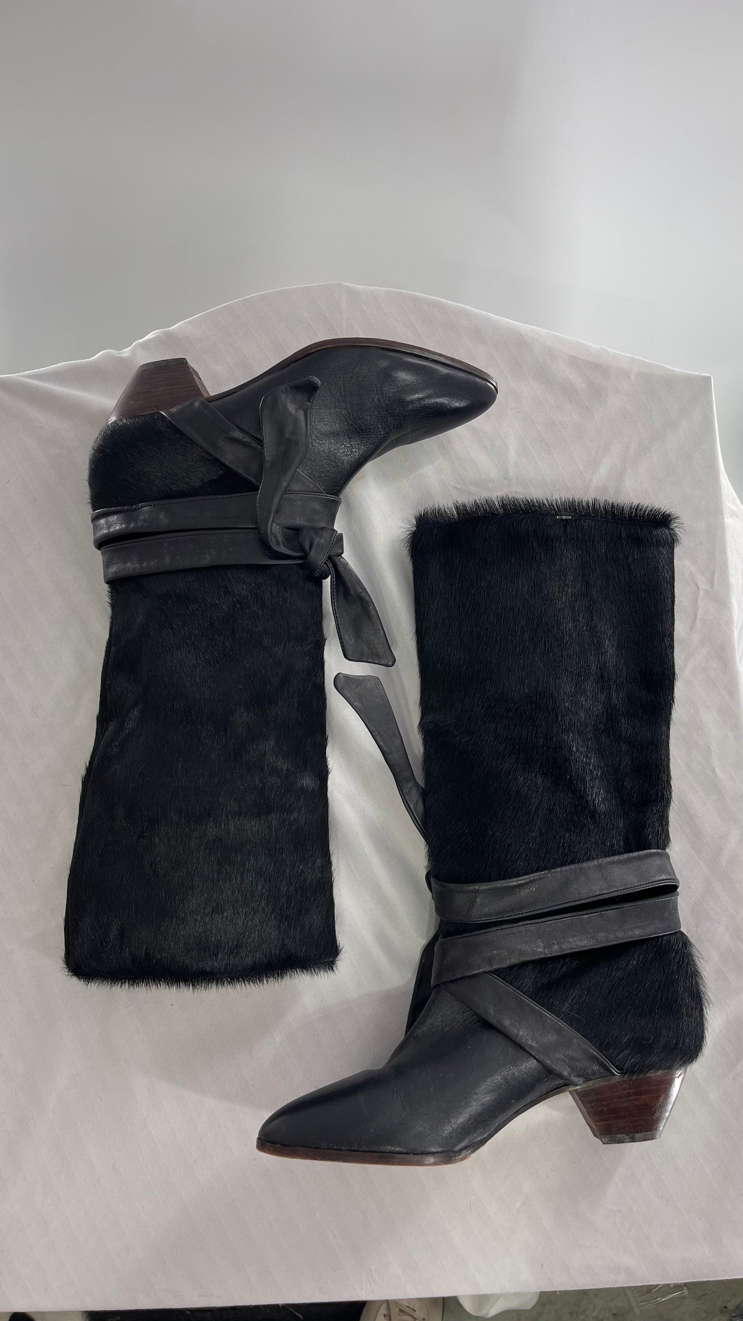 Vintage Nickels Black Italian Fur Boot with Leather Straps (7)