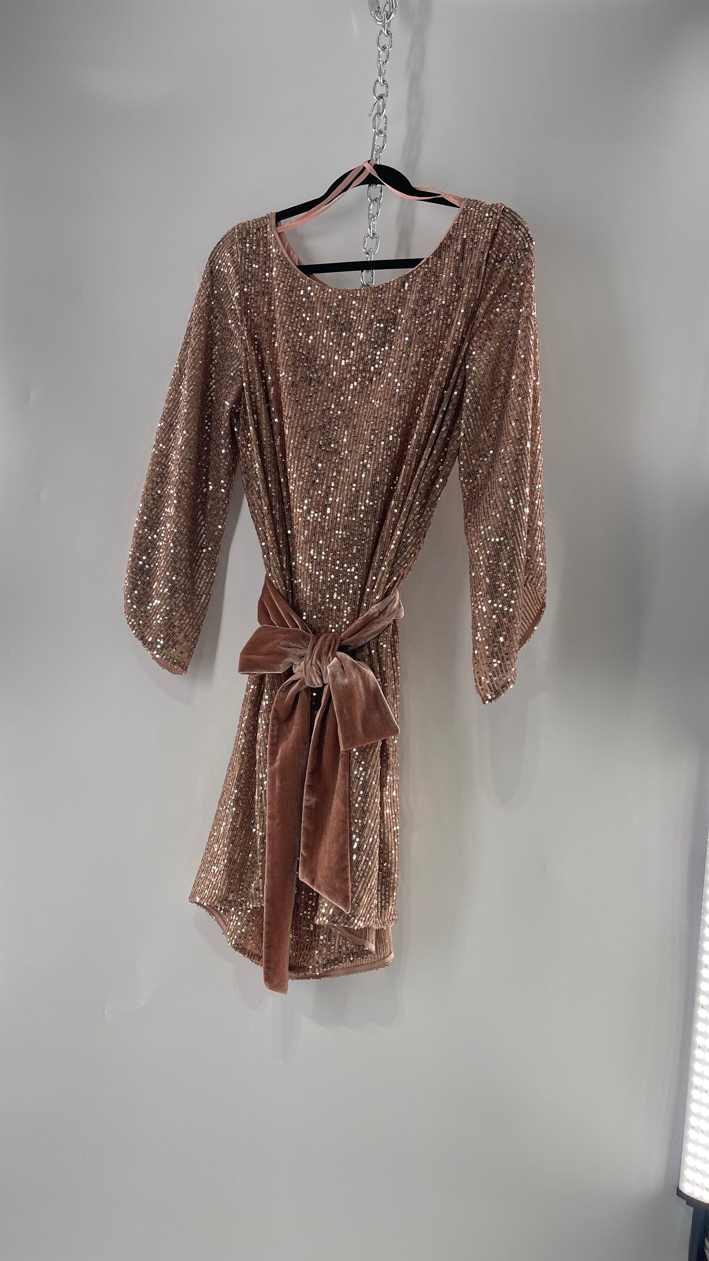 Anthropologie Rose Gold Sequin Dress with Velvet Waist Belt and Tags Attached (XL)