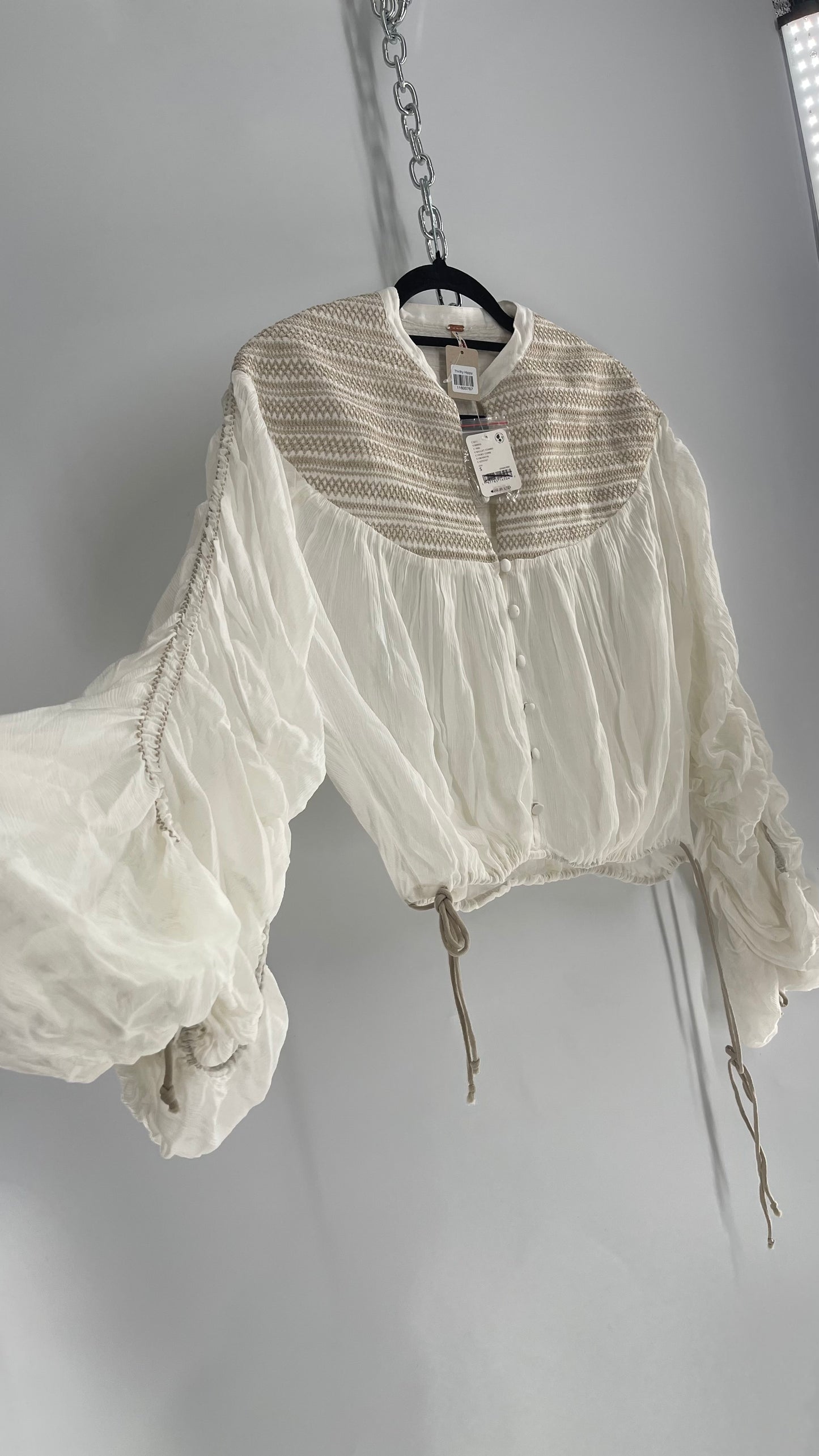 Free People Off White Draped Sleeve Button Front Embroidered Neckline Blouse with Tags Attached (Small)