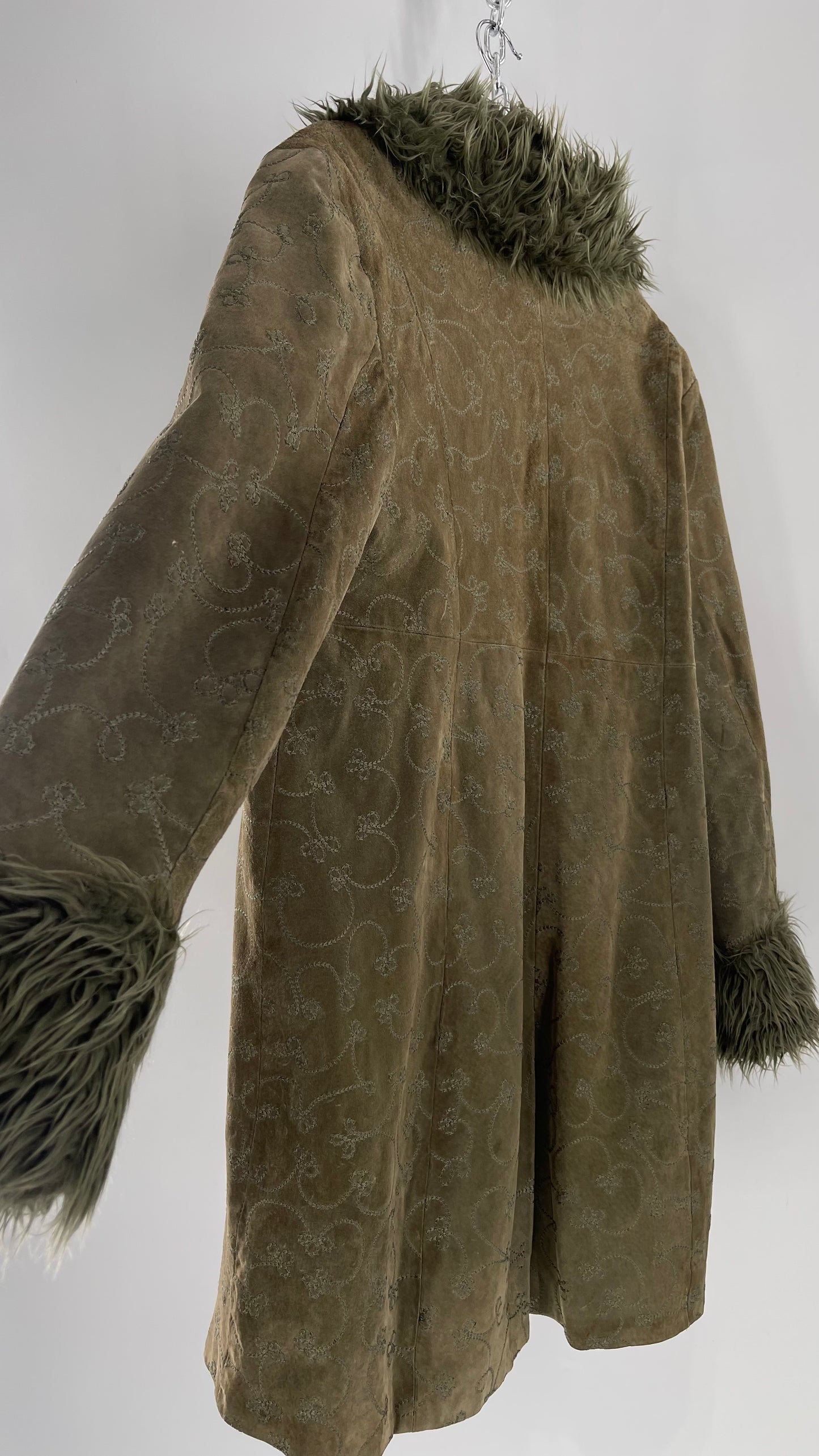 Vintage STATIC Embroidered Genuine Leather Coat with Fur Cuffs and Collar (C) (XL)