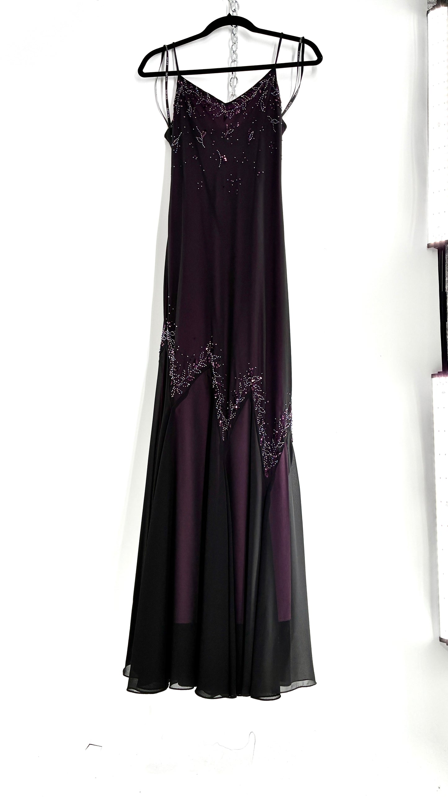 Vintage XSCAPE Full Length Black Beaded Gown with Purple Underlay (4)