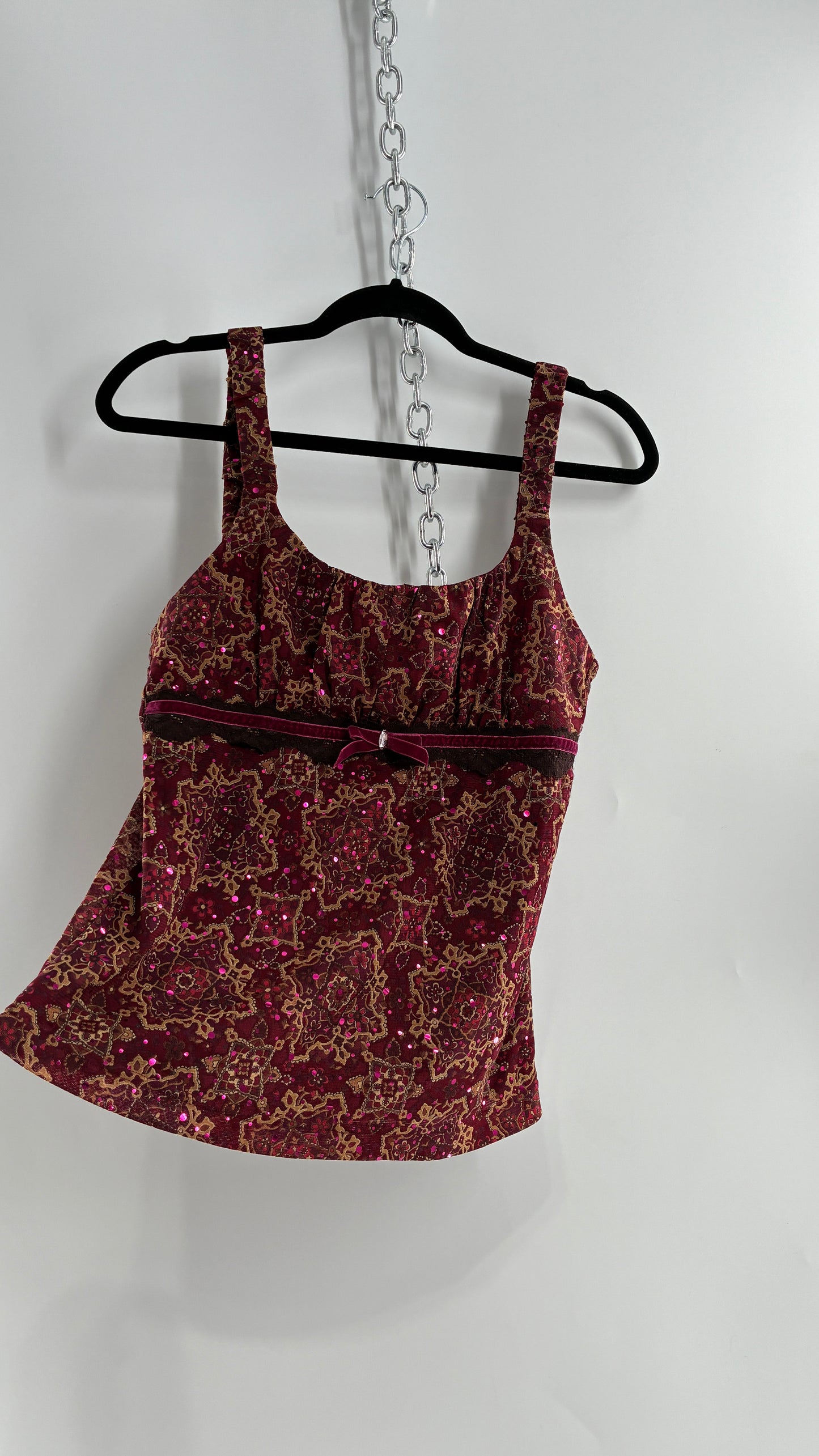 Vintage SELF ESTEEM Maroon Camisole with Sequins, Ruched Bust, and Velvet Ribbon Detail (Large)