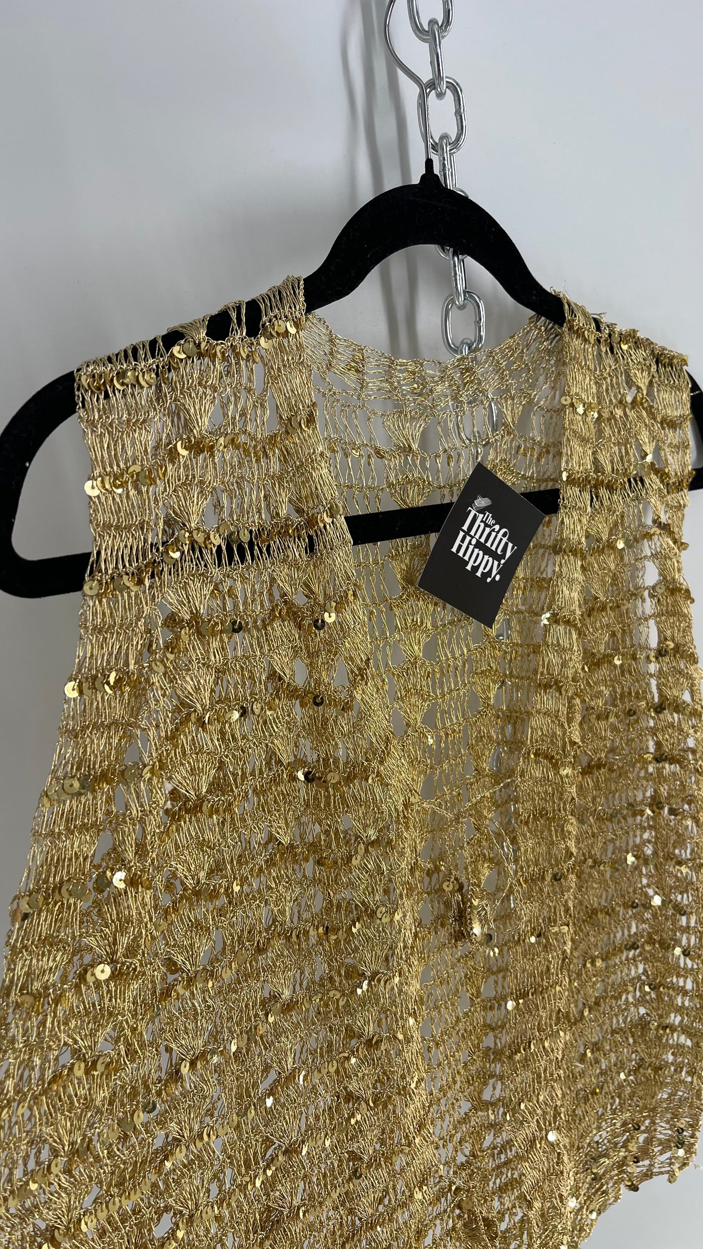 Vintage Gold Crochet Sequin Tie Bust Vest (S/M)