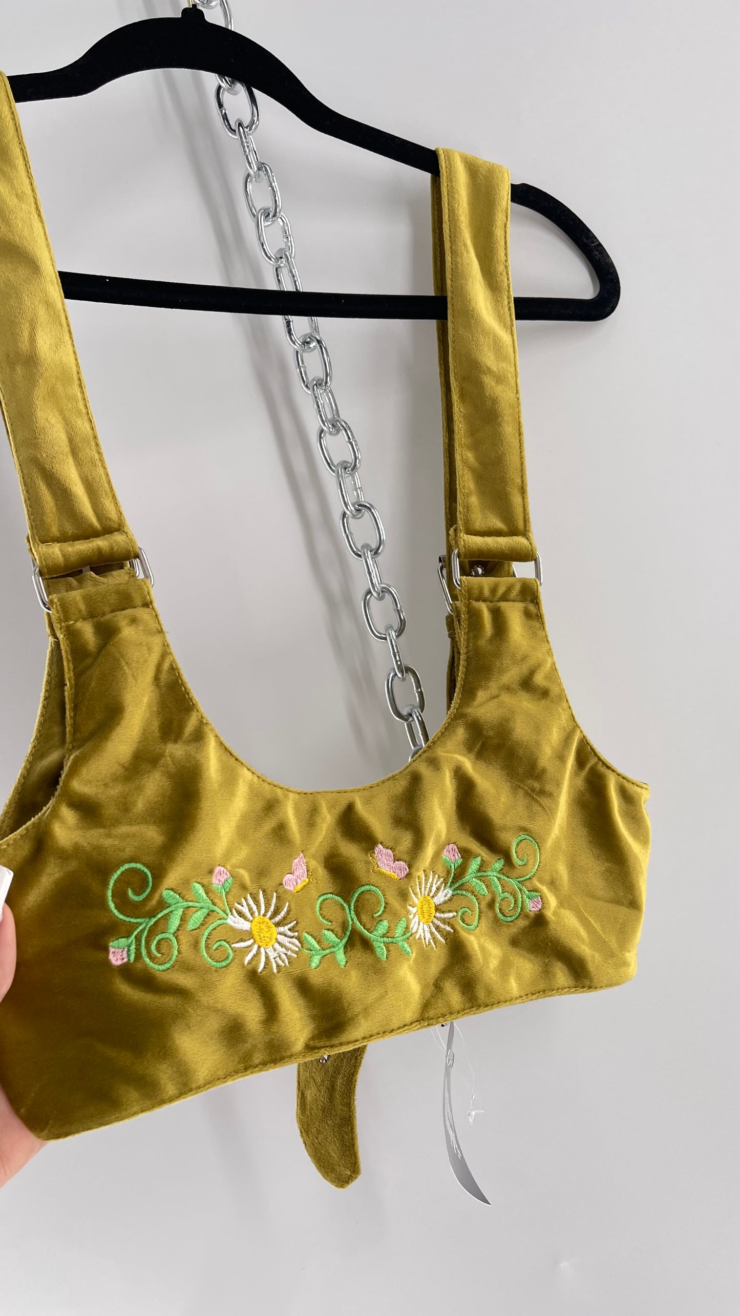 Urban Outfitters Greenish Gold Velour Body Harness with Embroidered Daisies and Butterflies (Large)