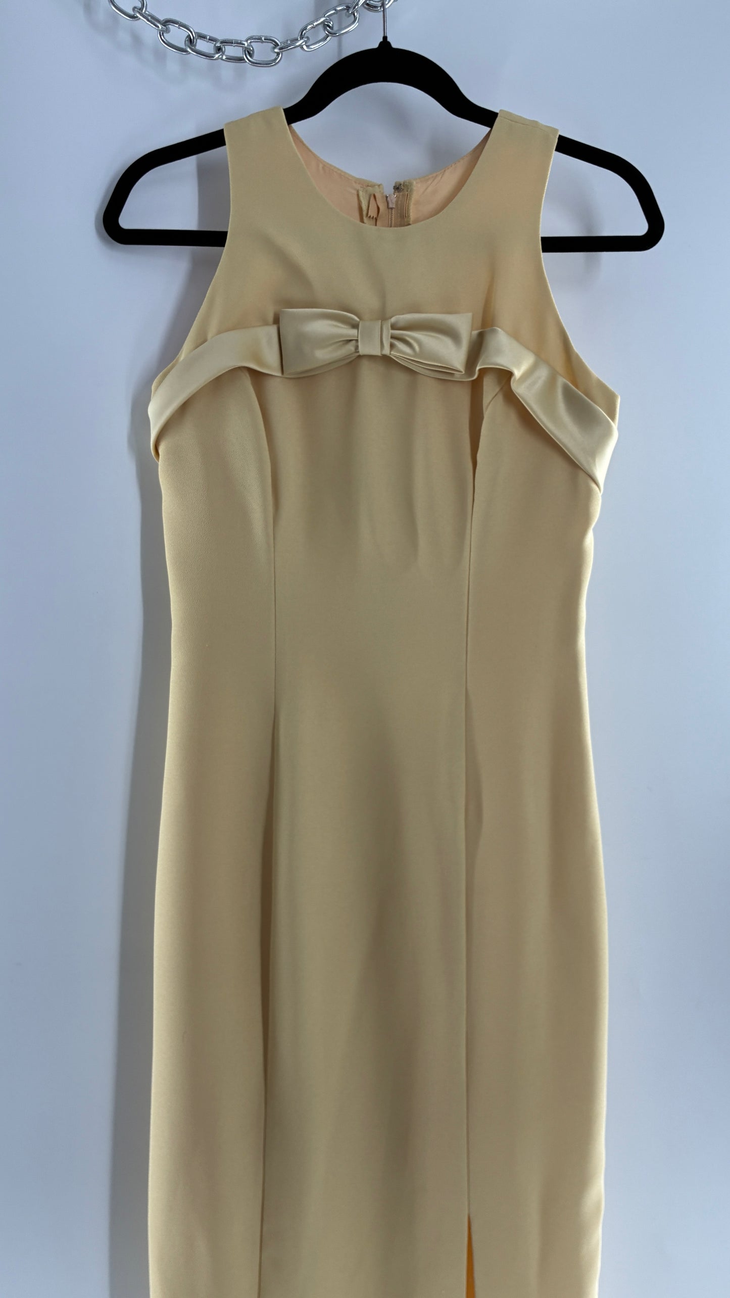 Vintage ALYCE’S Baby Yellow High Neck Satin Bow Bust, Side Slit, Button Back Gown (Measured)