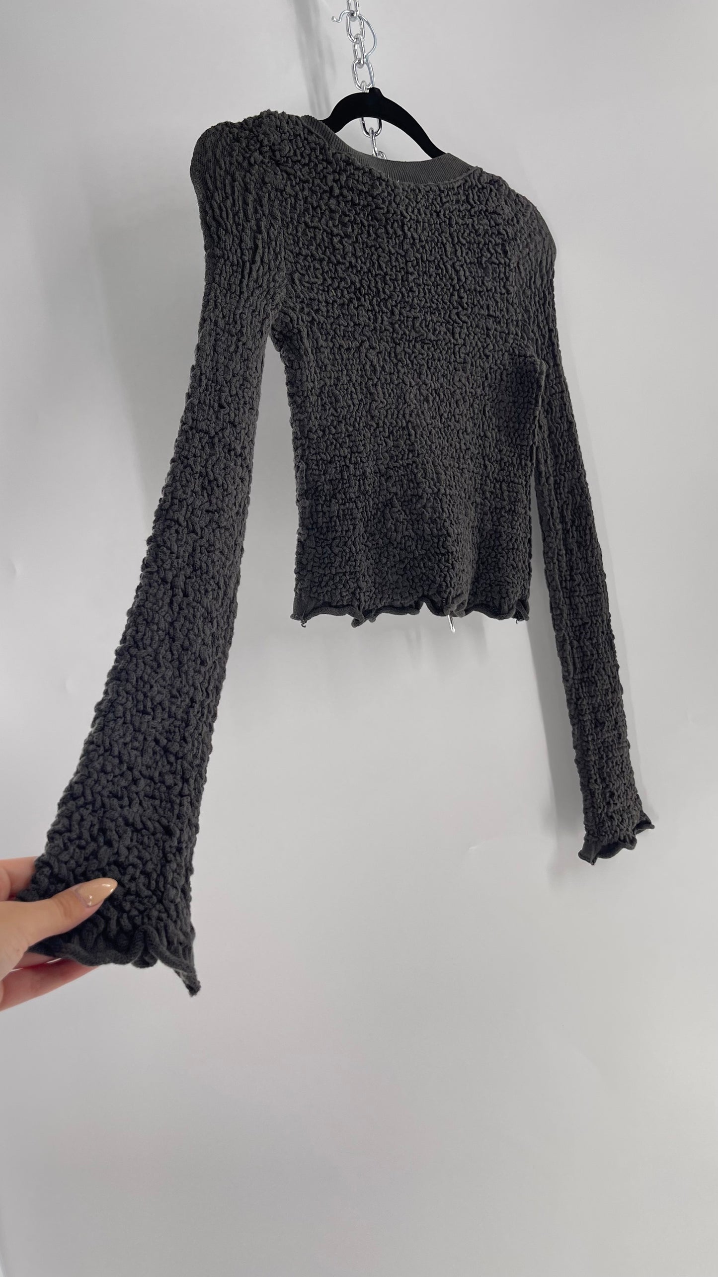 Free People Charcoal Grey Textured Stretchy Knit Button Front Cropped Long Sleeve with Tags Attached (XS)