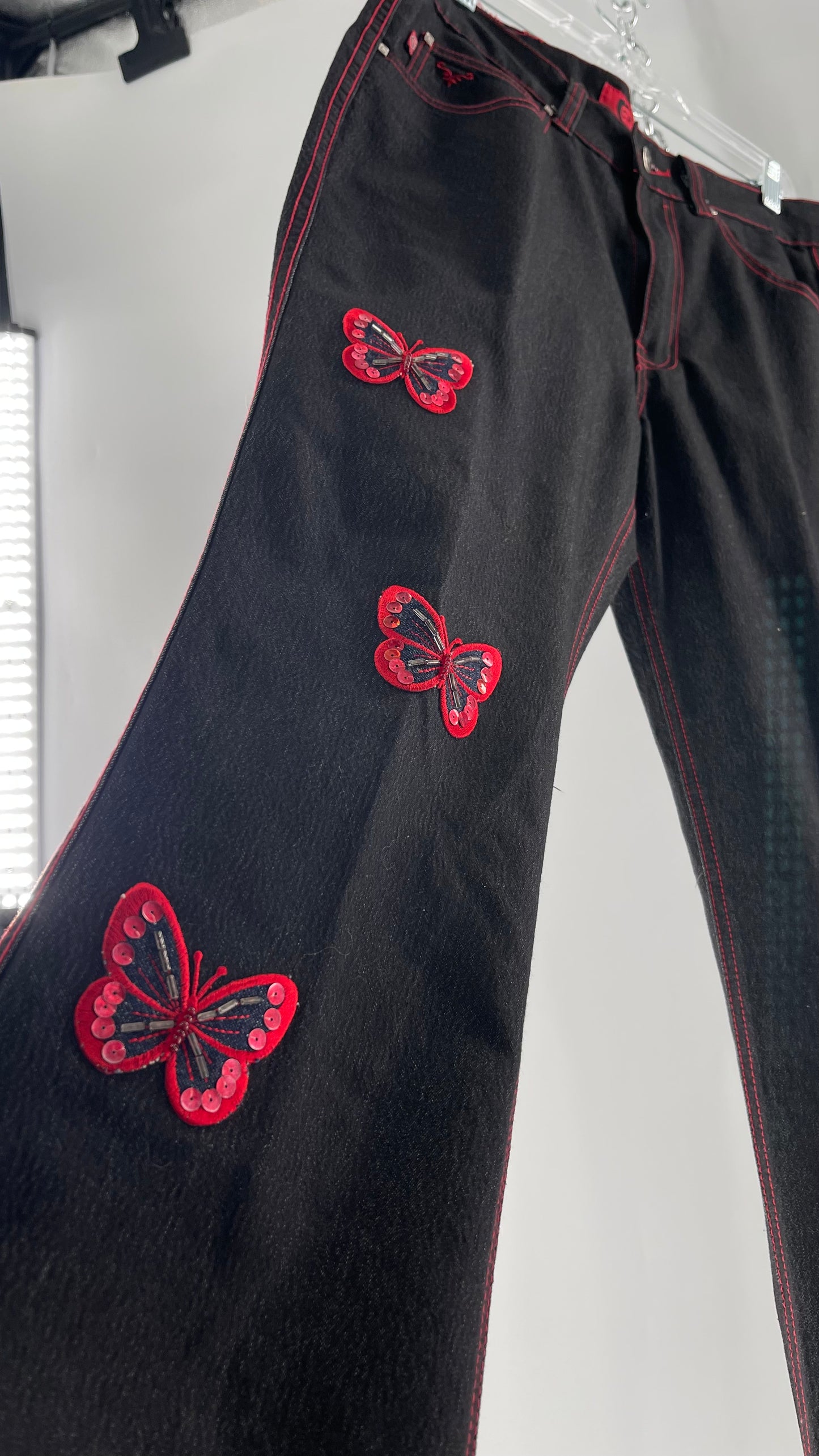 Rare Vintage Black Crest Jeans with Red Contrast Stitching and Butterfly Embroidery on Thigh and Back Pockets (14)