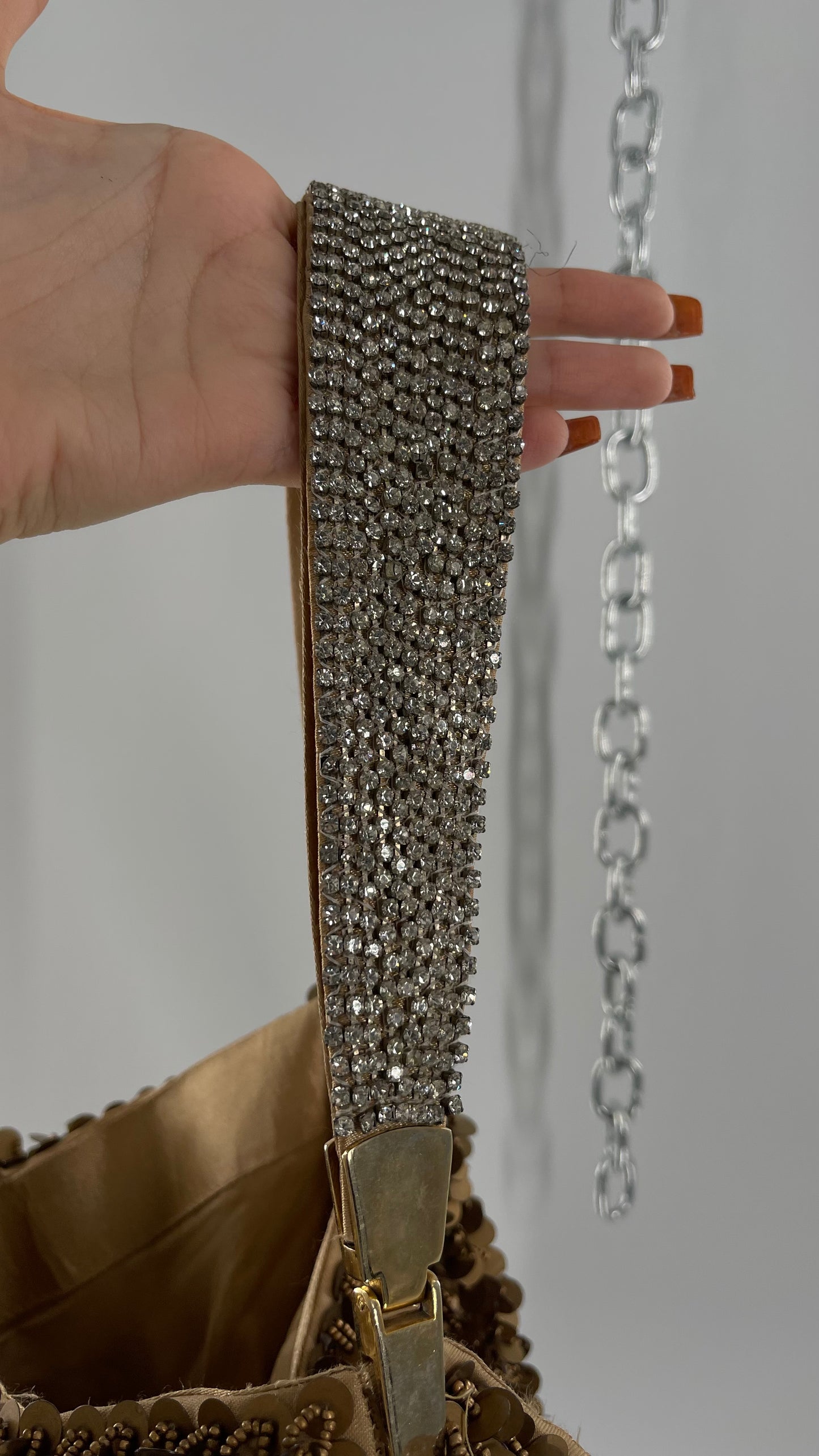 Deadstock The Find Marvelous Bronze Beaded Sequin Tote Bag with Gemstone Strap