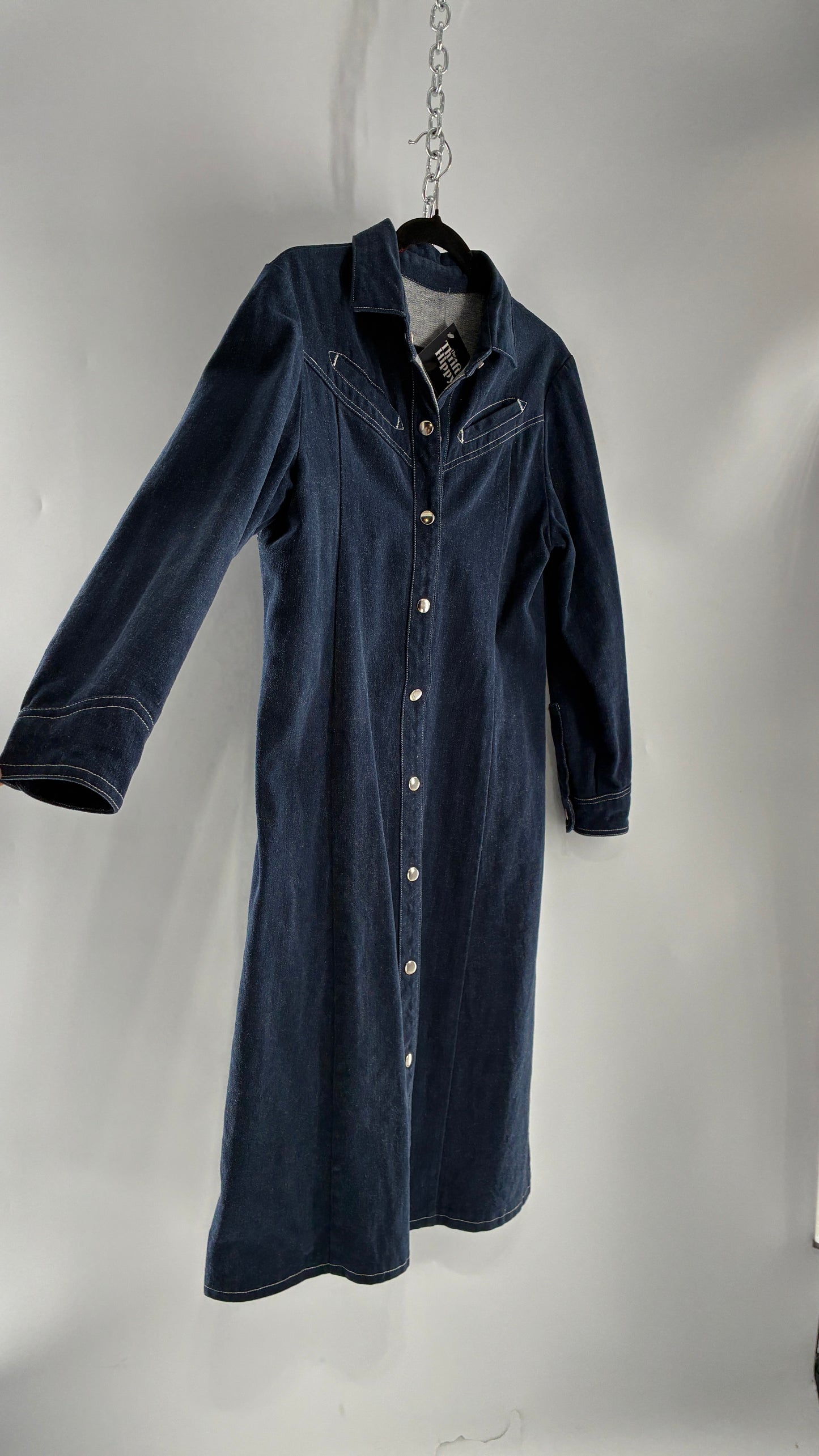 Vintage Dark Wash Denim Long Sleeve Collared Midi Dress with Contrast White Stitching (M/L)