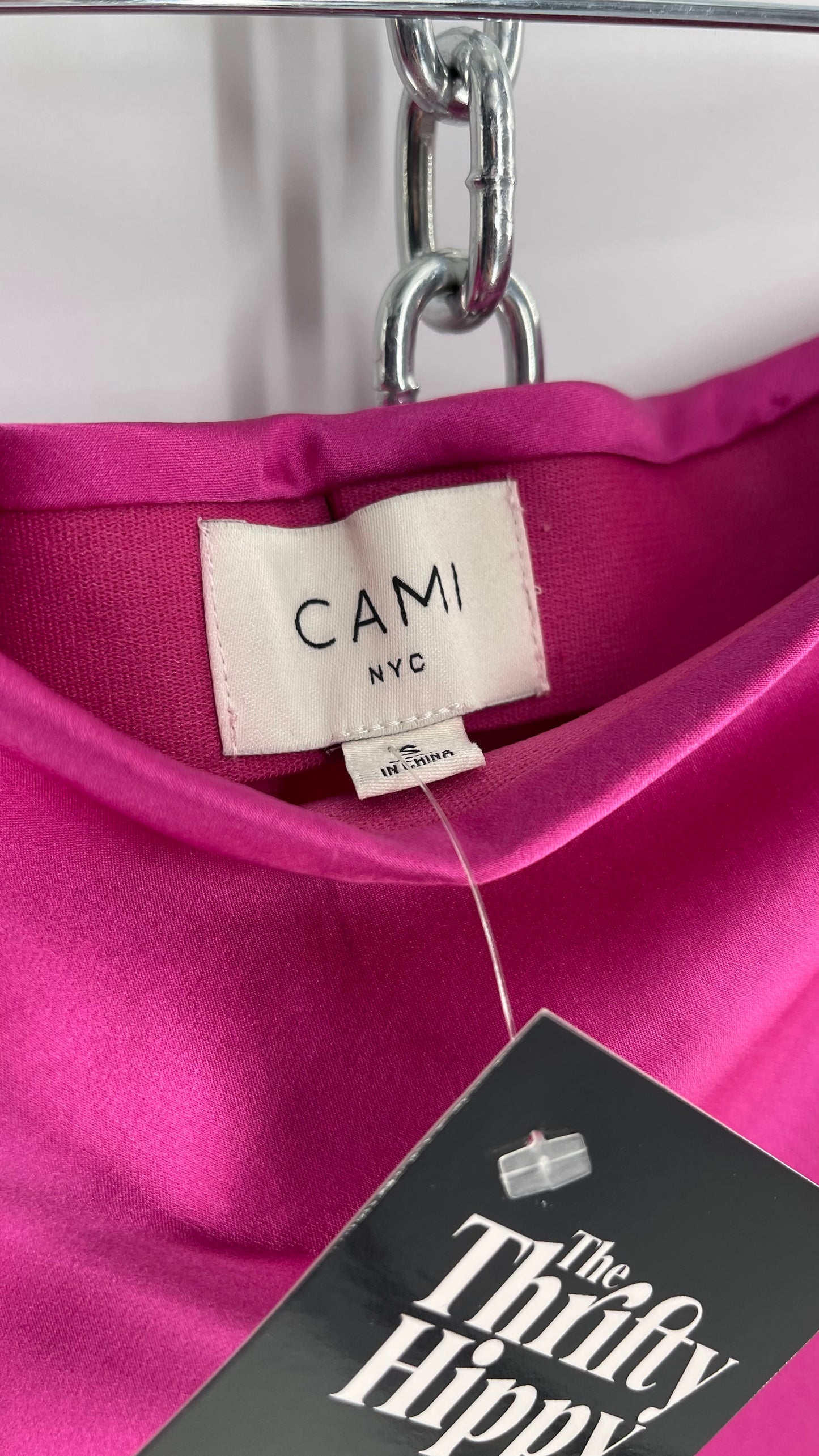 CAMI NYC Hot Pink Silky Midi Skirt with Maroon Thick Lace Hem (S)