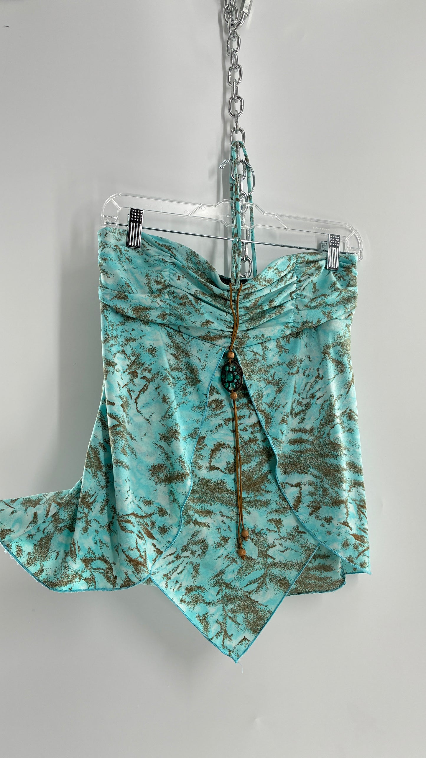 Vintage VENUS Turquoise Handkerchief Hem, Vented Tube Top with Stone Buckle and Choker Detail (M)