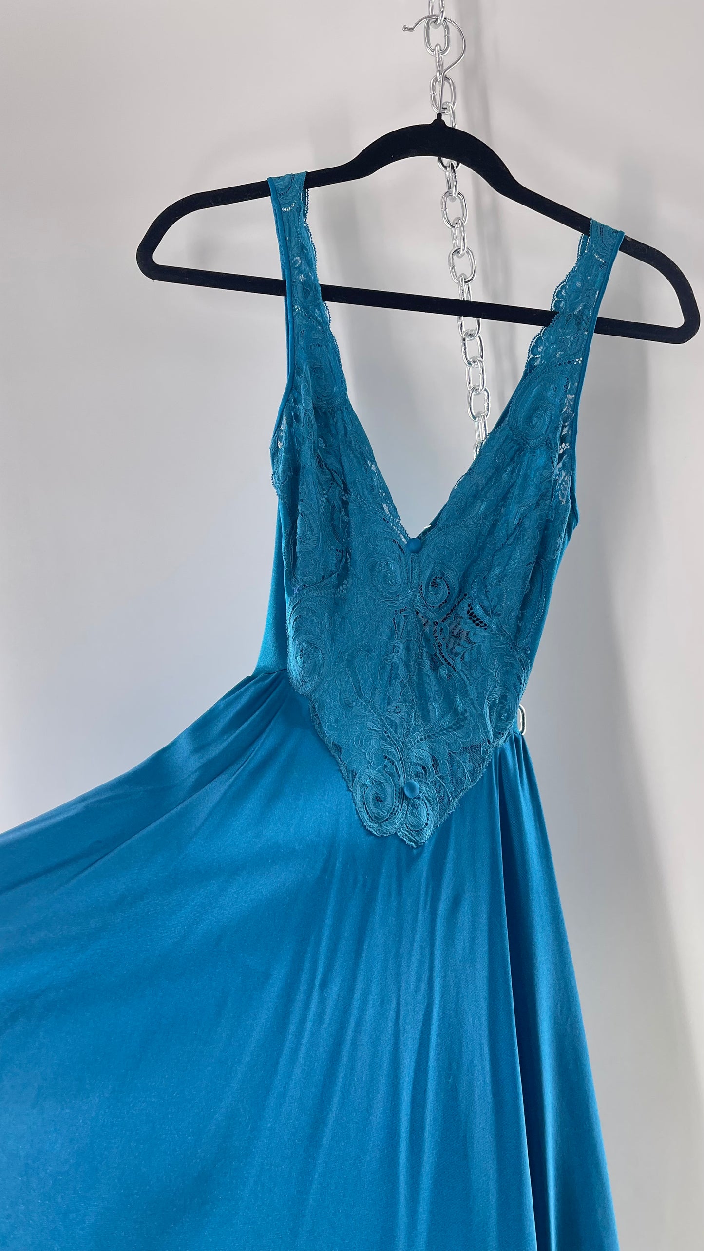 Vintage Olga Intimates Floor Length Voluminous Blue Jewel Toned Maxi Dress/Night Gown with Lace Bust (Small)