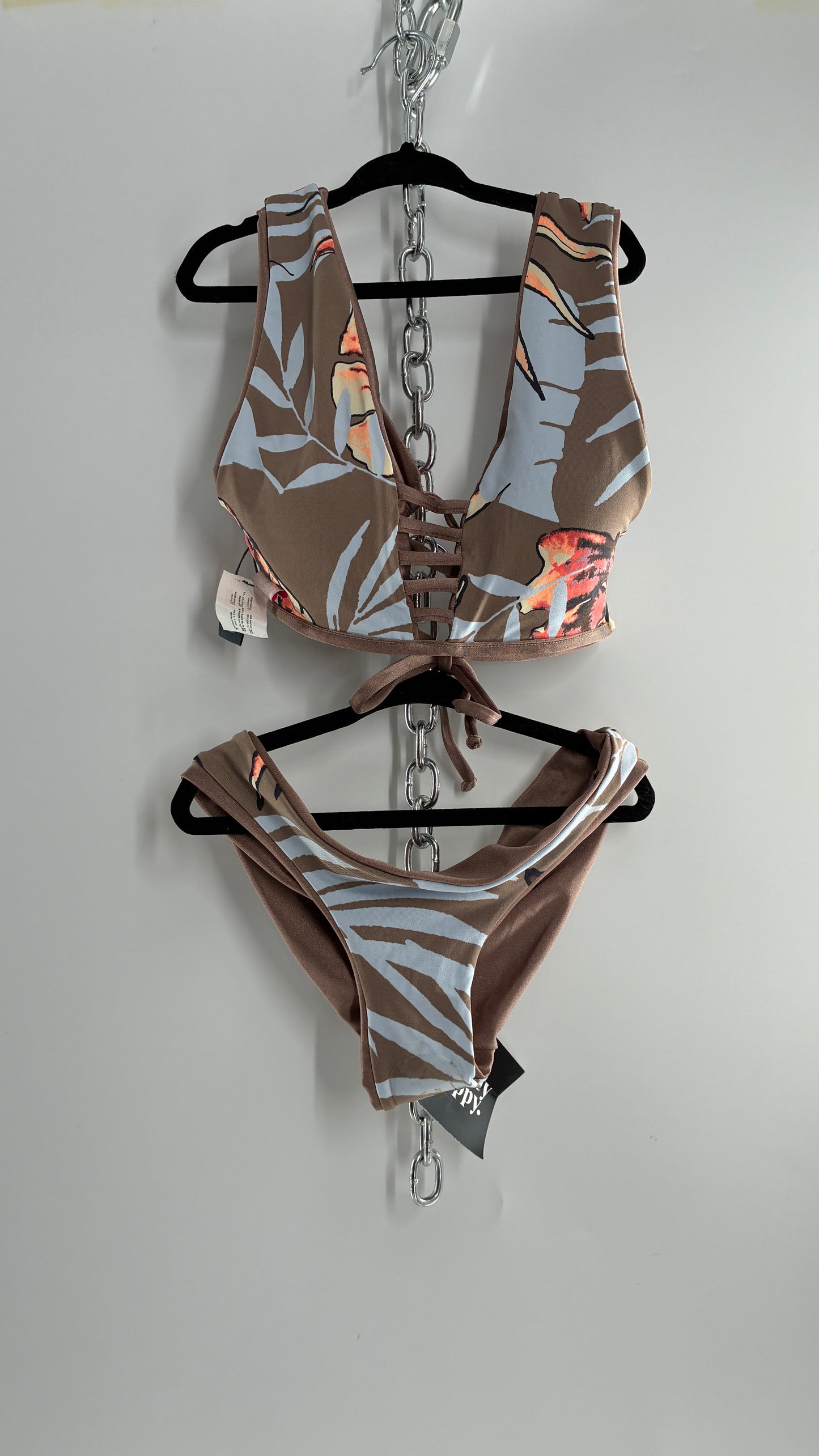NWOT MAAJI Tan and Tropical Patterned Reversible Swim Set (L Top, XS Bottoms)