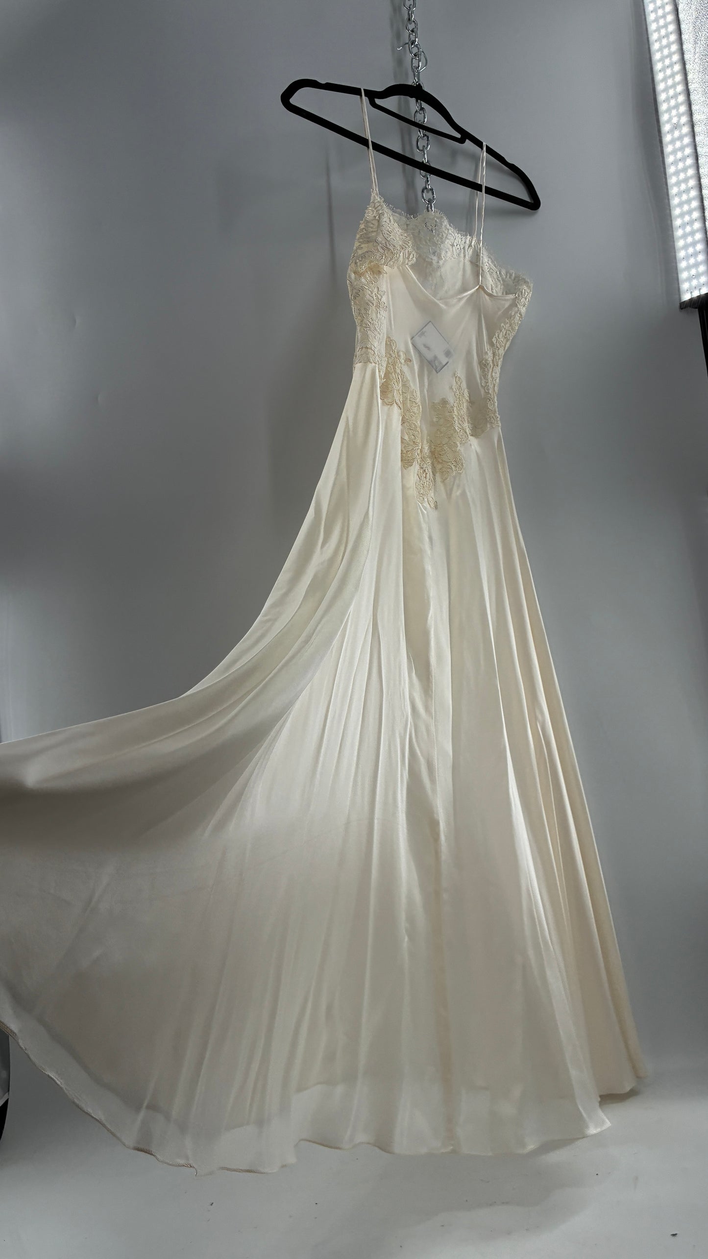 Vintage JONQUIL 100% Silk Gown with Heavy Lace Appliqués and Low Cut Sheer Back (Medium)