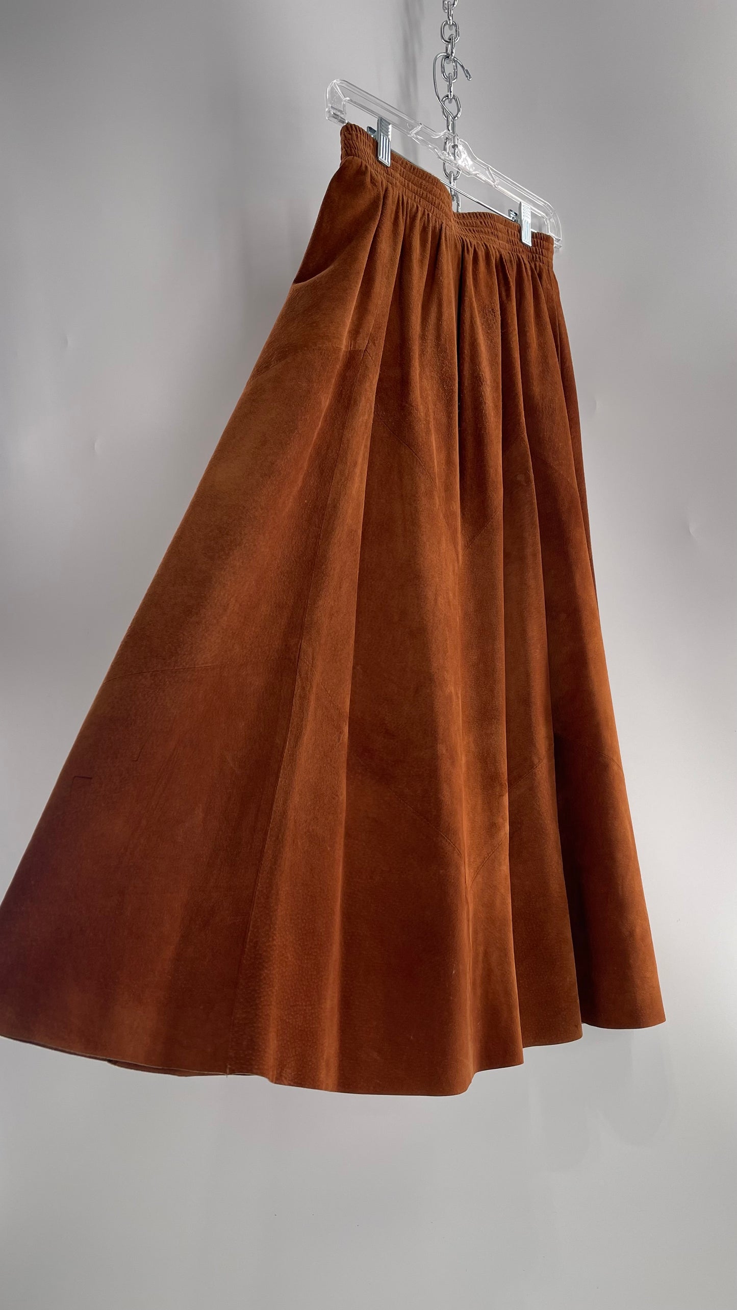 Vintage Brown Leather Suede Paneled Voluminous Skirt Assembled in Mexico (S)