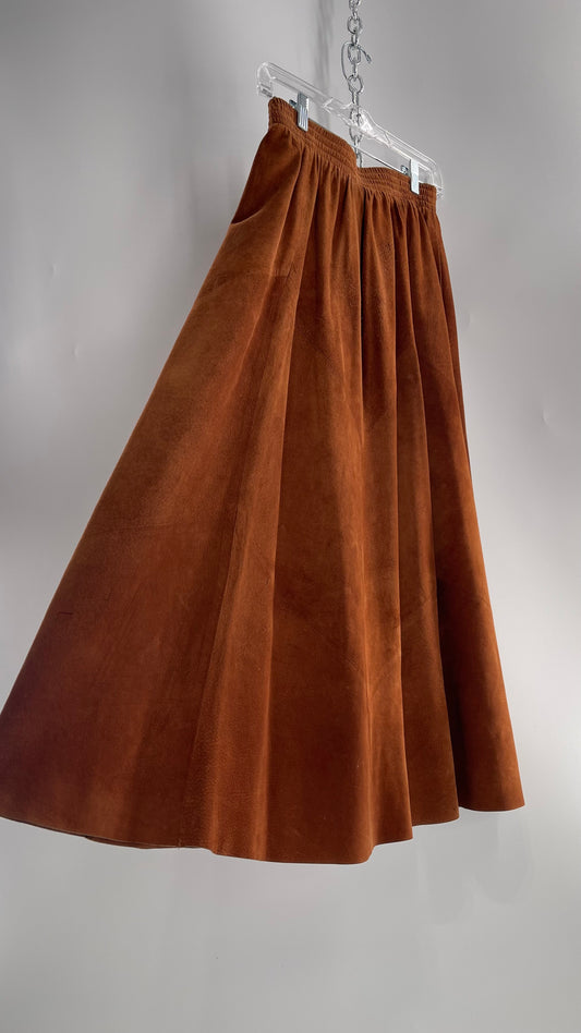 Vintage Brown Leather Suede Paneled Voluminous Skirt Assembled in Mexico (S)