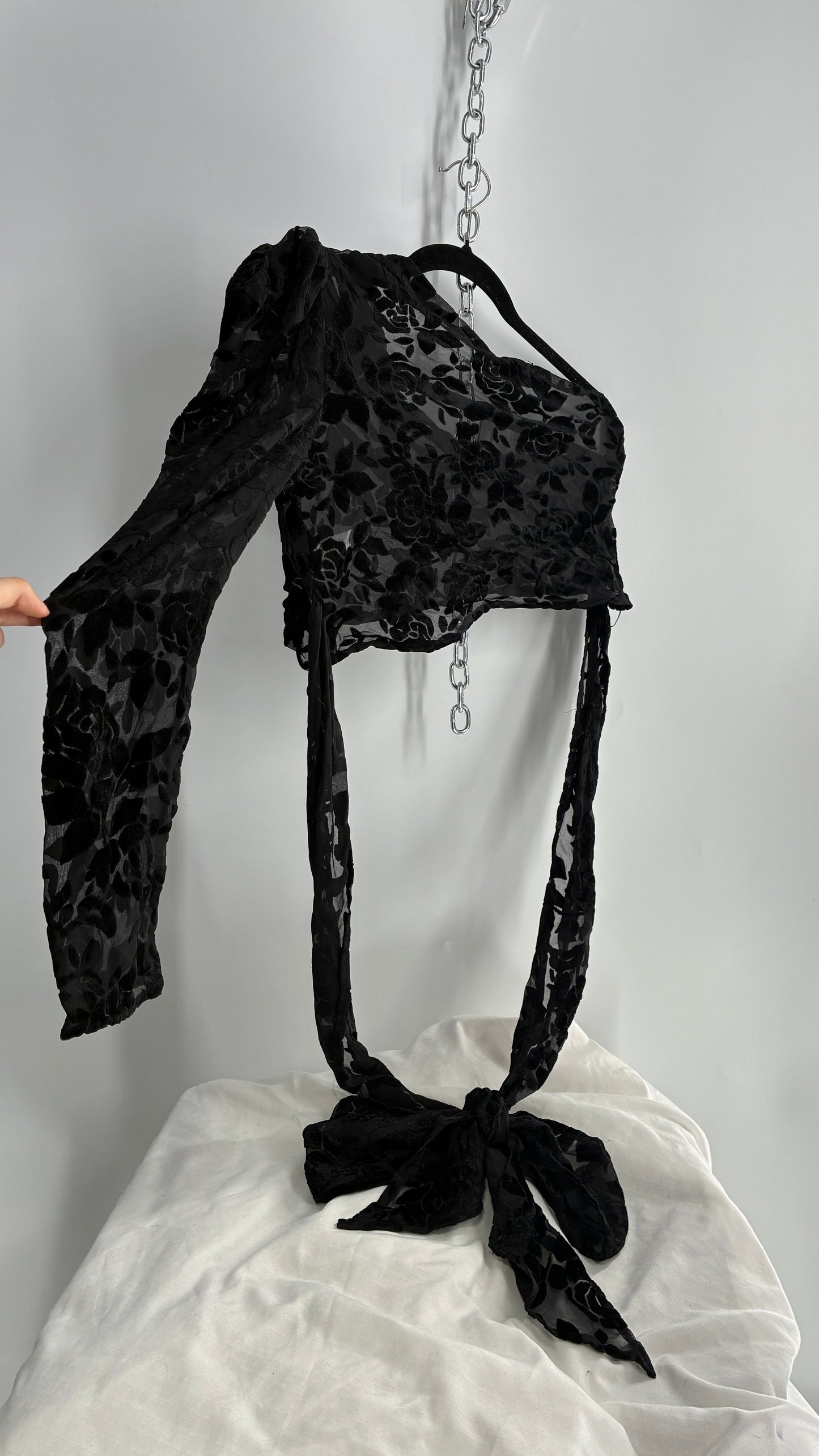 LIONESS Black Sheer Velvet Burn Out One Sleeve Tie Waist Blouse (XS)