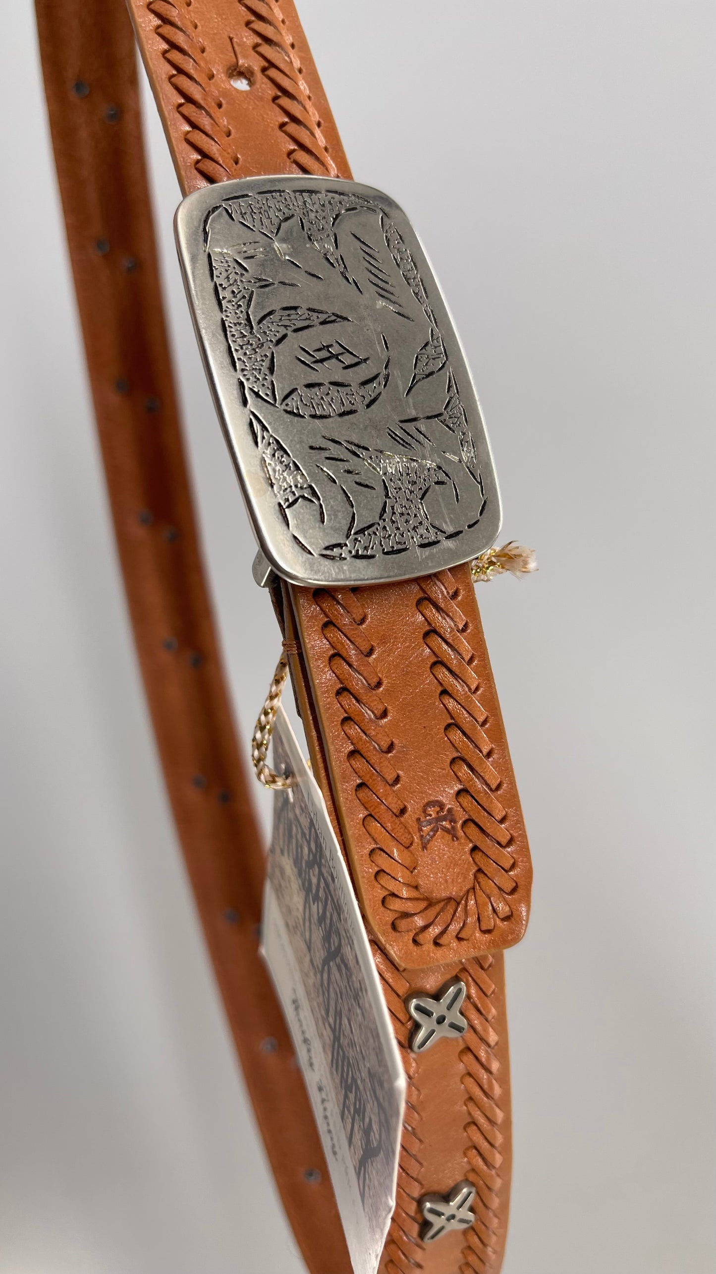 Vintage Calvin Klein Engraved Buckle, Woven Leather Rodeo Belt (Small)